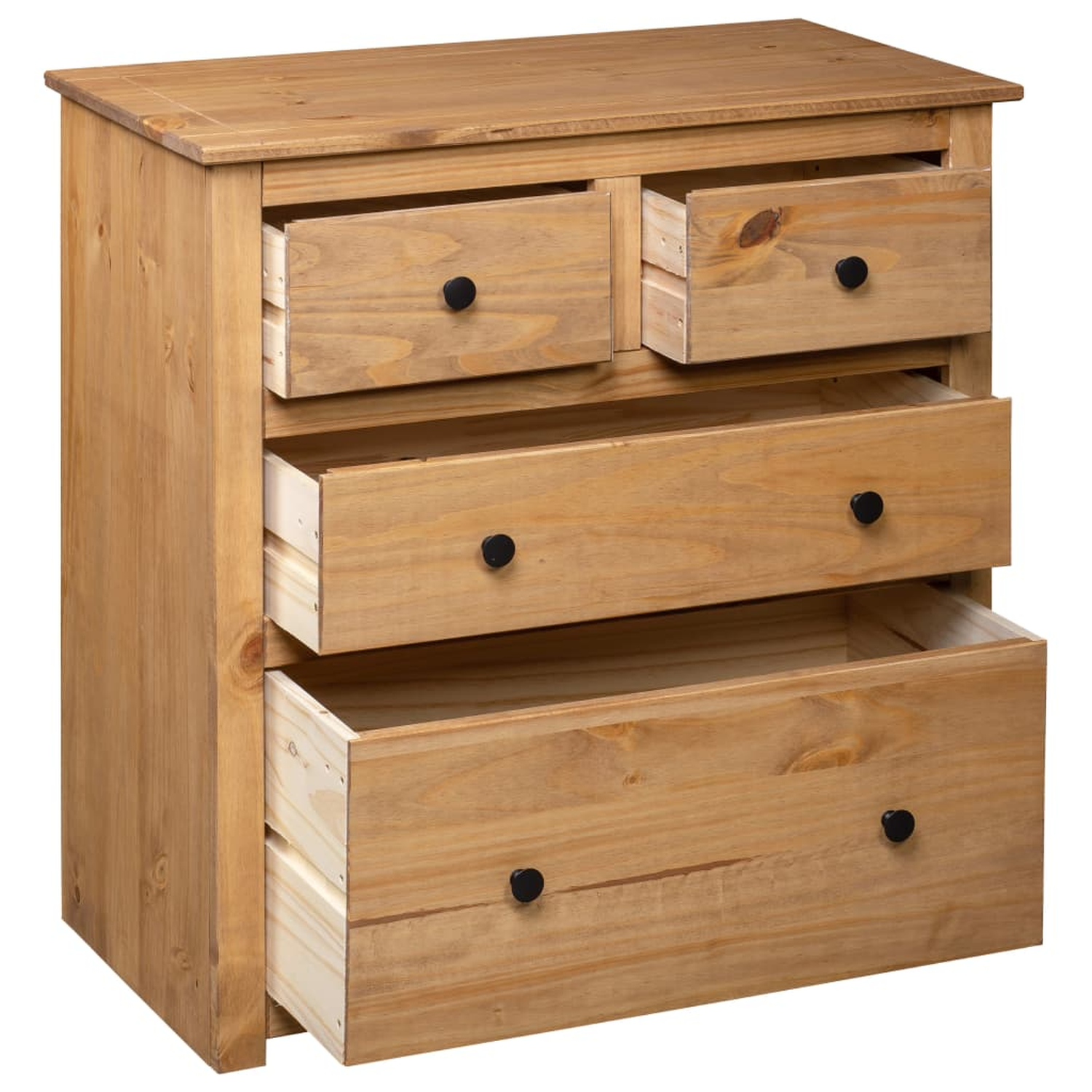 Holzkommode mit vier geöffneten Schubladen. Schwarze Schubladengriffe.