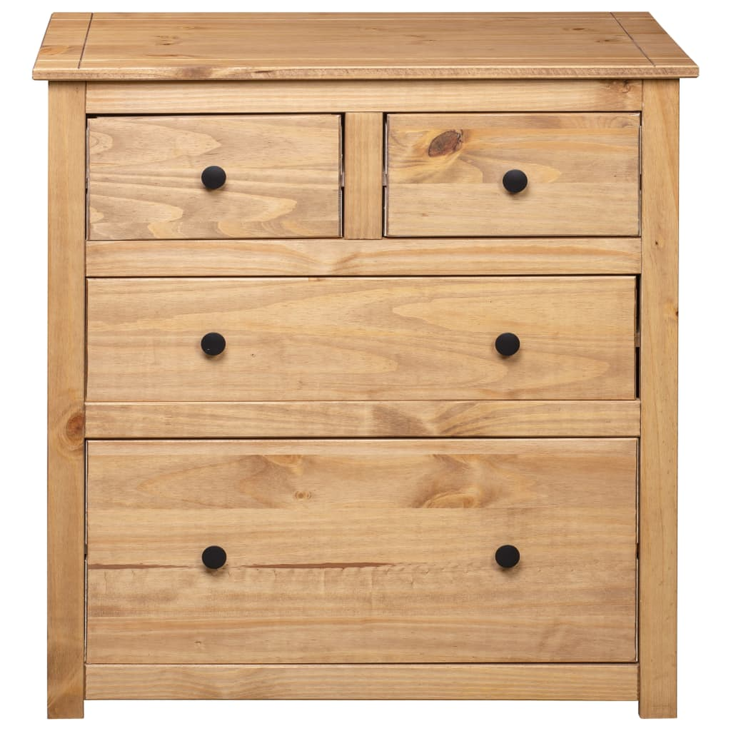 Kommode aus Holz mit vier Schubladen und schwarzen Knöpfen, hellbraune Farbe.