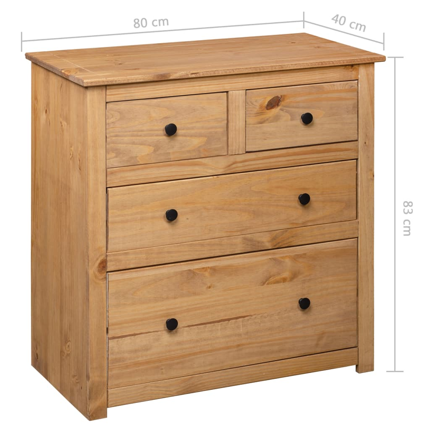 Holzkommode mit zwei kleinen und zwei großen Schubladen. Abmessungen sind angegeben.