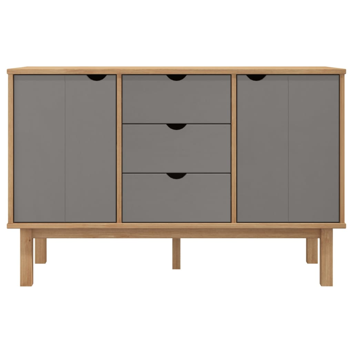 Sideboard aus Holz mit drei grauen Schubladen und zwei grauen Türen. Es hat Holzbeine.