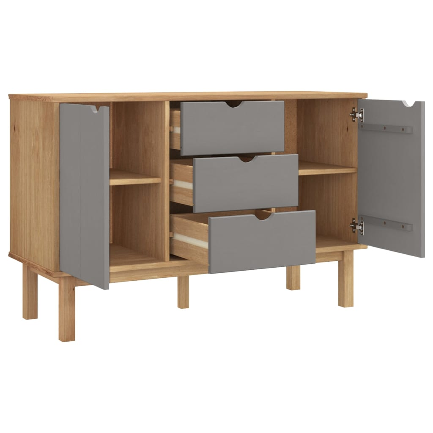 Holz-Sideboard mit offenen Schubladen und Türen.