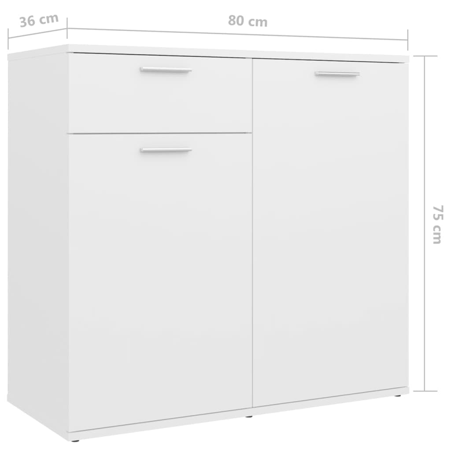 Weißer Schrank mit zwei Türen und einer Schublade. Abmessungen sind beschriftet. Modernes Design, klare Linien.