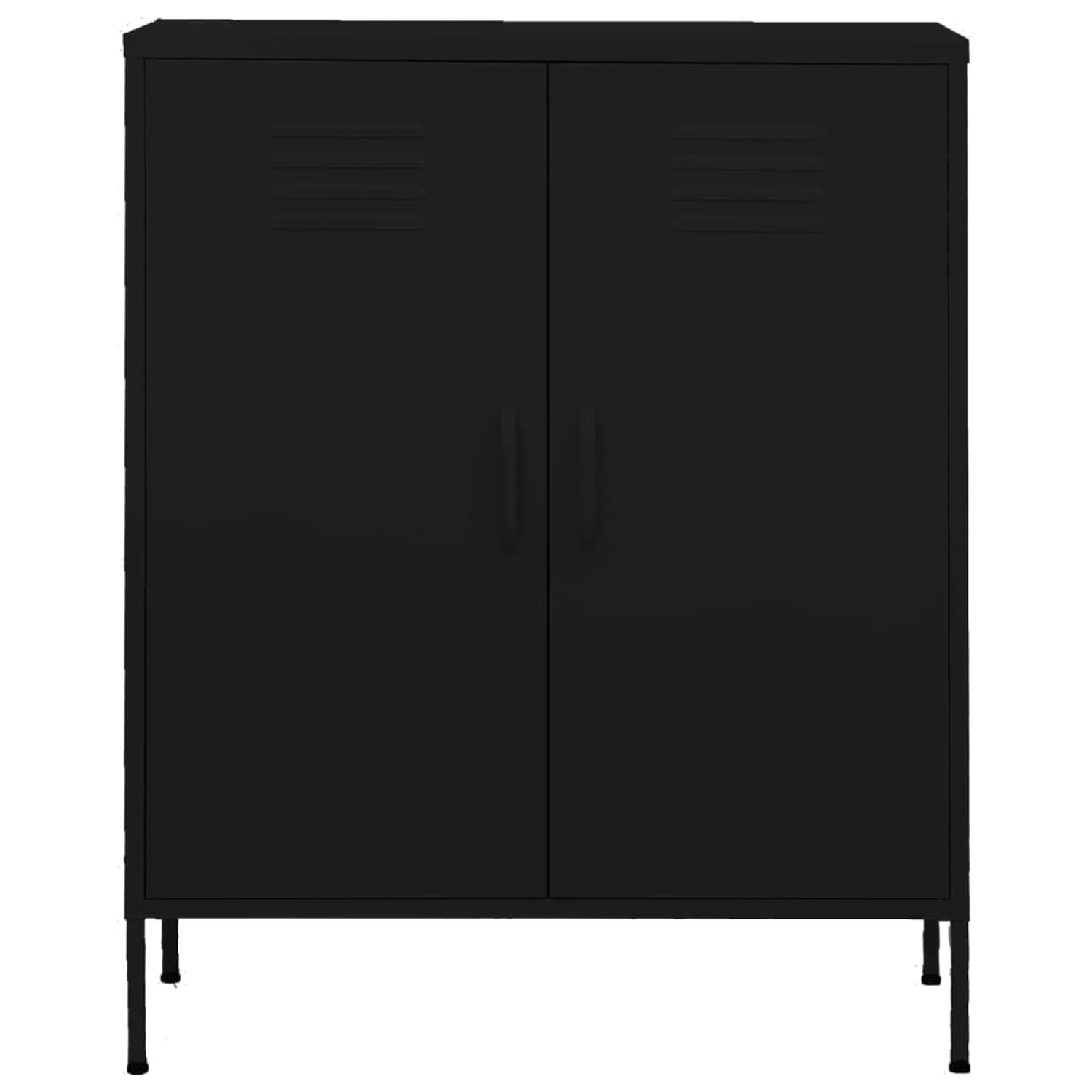 Ein schwarzer Metallschrank mit zwei Türen. Er hat horizontale Lüftungsschlitze und Beine.