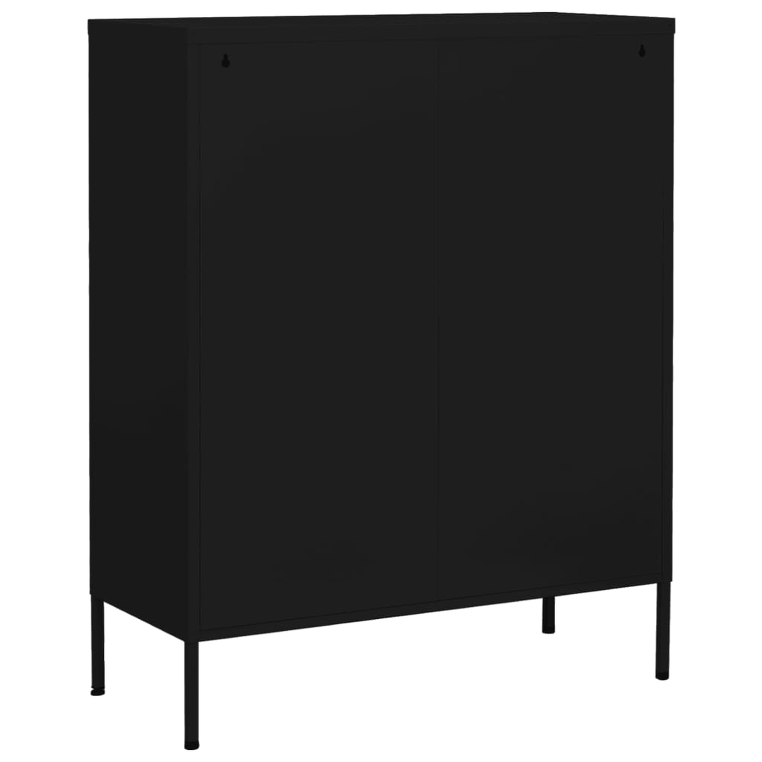 Schwarzer Schrank mit zwei Türen und schwarzen Beinen. Zwei Löcher sind sichtbar.