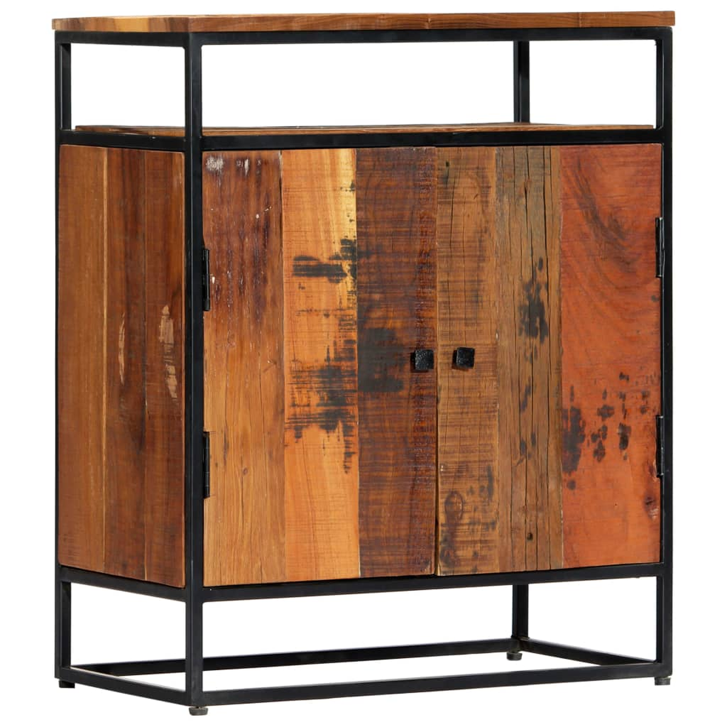 Holzschrank mit Metallrahmen, mehrfarbigen Holzpaneelen und schwarzen Griffen.