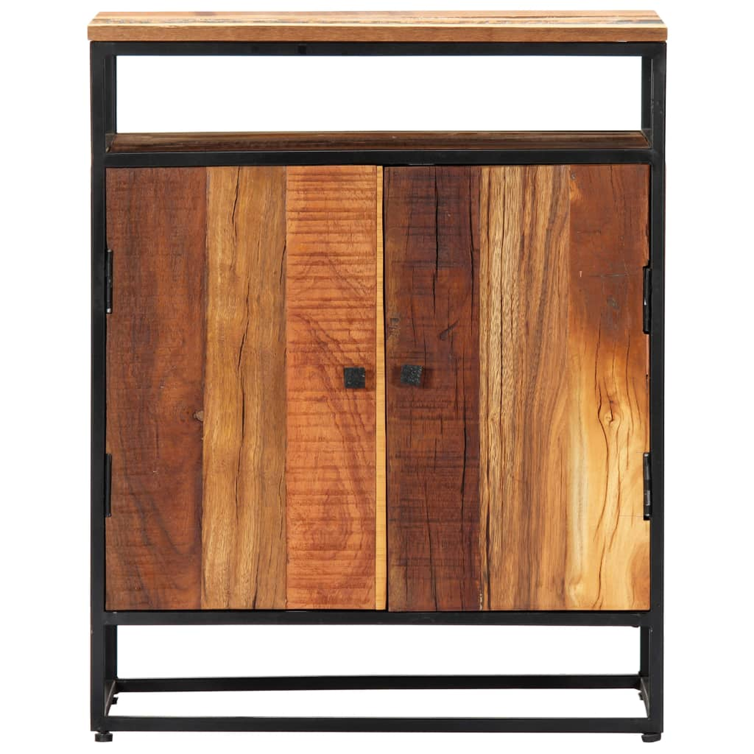 Holzschrank mit schwarzem Rahmen. Zwei Türen, Metallrahmen.