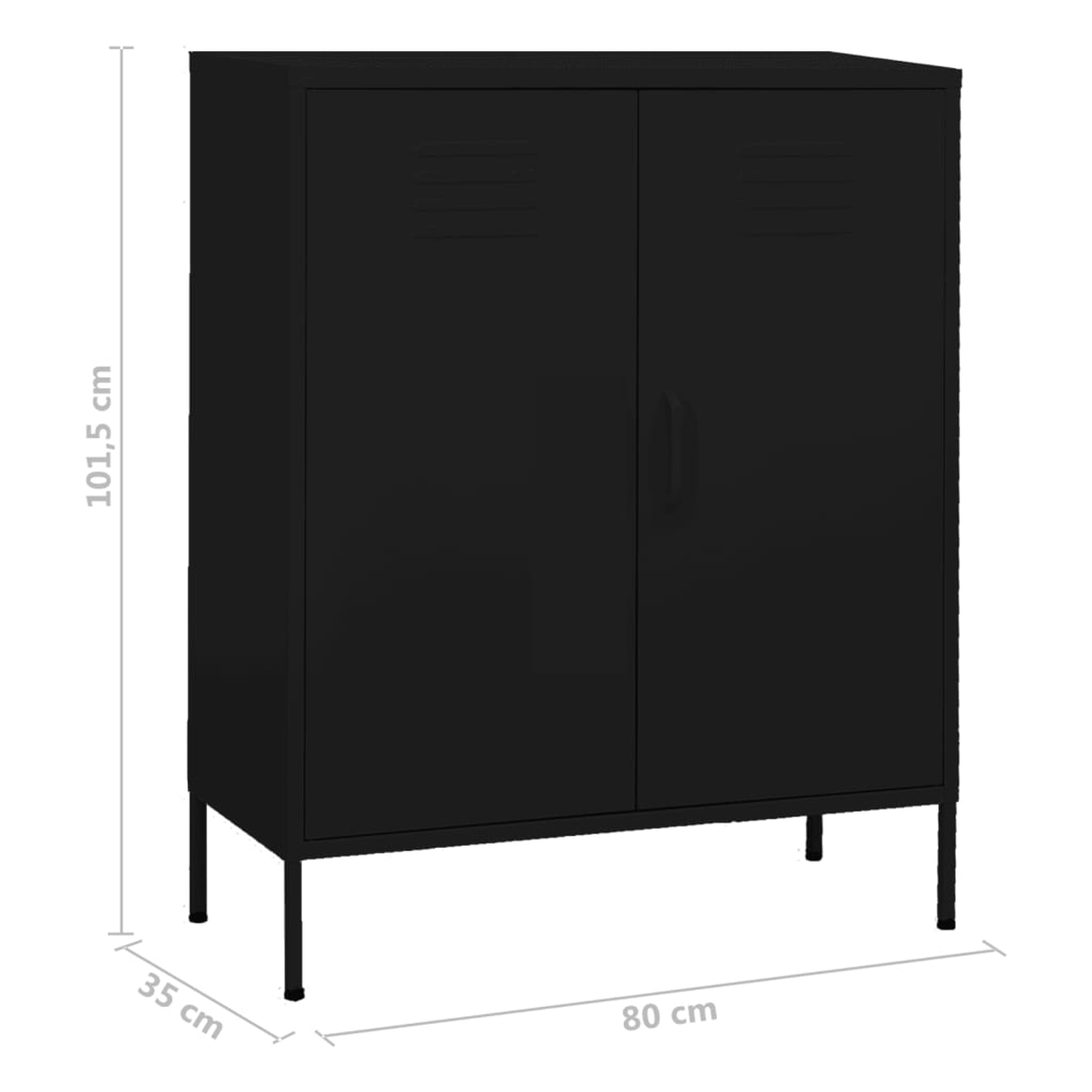 Schwarzer Metallschrank mit zwei Türen. Maße: 101,5 cm hoch, 80 cm breit, 35 cm tief.