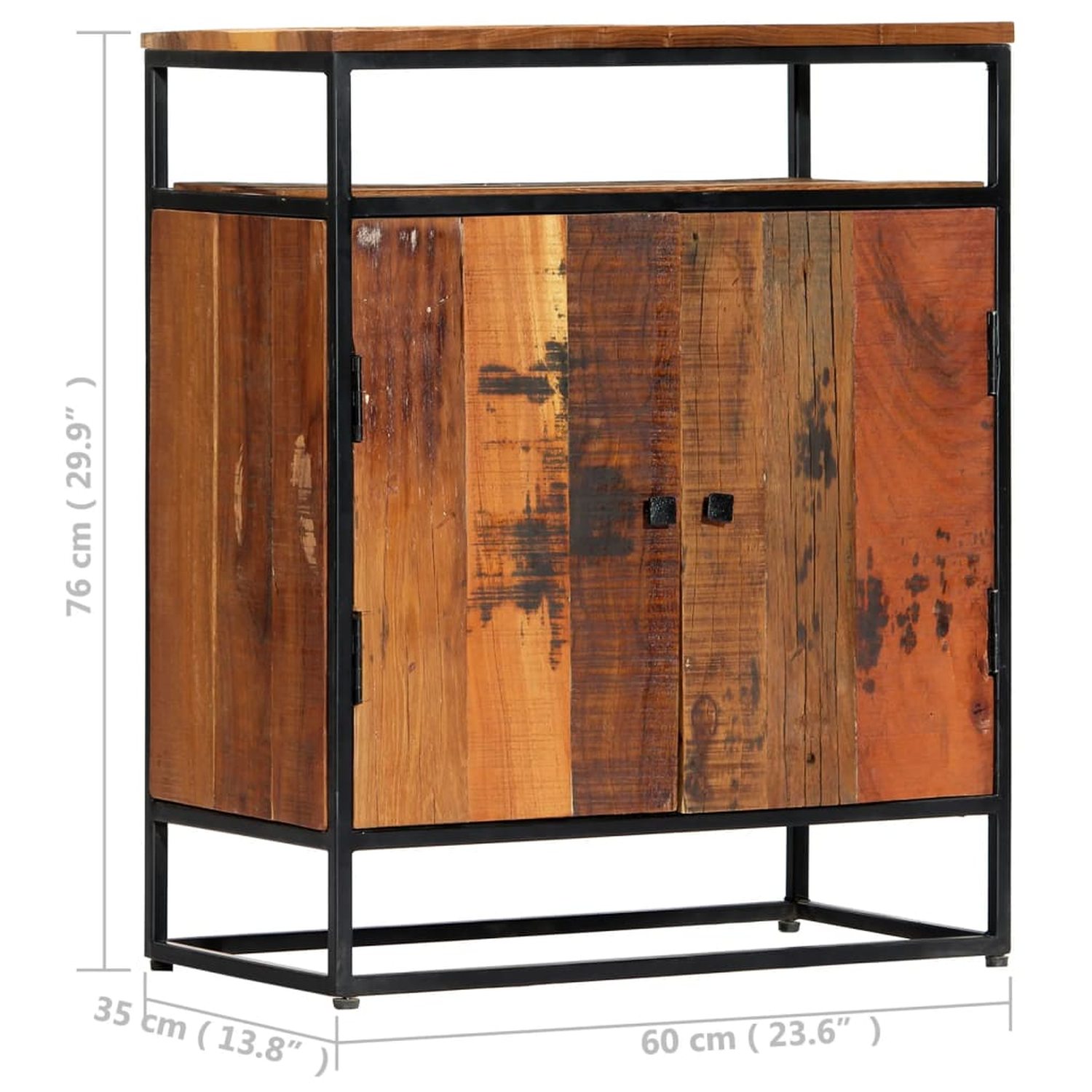 Holzschrank mit schwarzem Metallrahmen. Maße in cm. Quadratische Form.