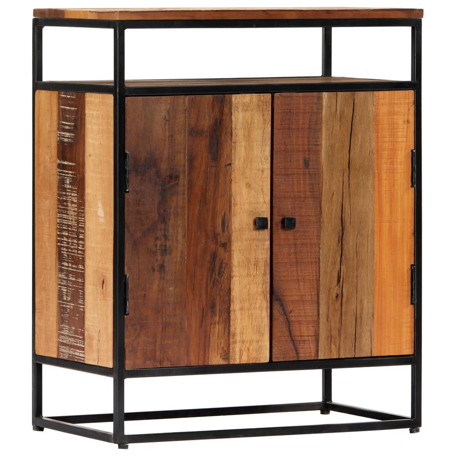 Ein Schrank mit Holzpaneelen und schwarzem Metallrahmen. Er hat zwei Türen und ein oberes Regal.
