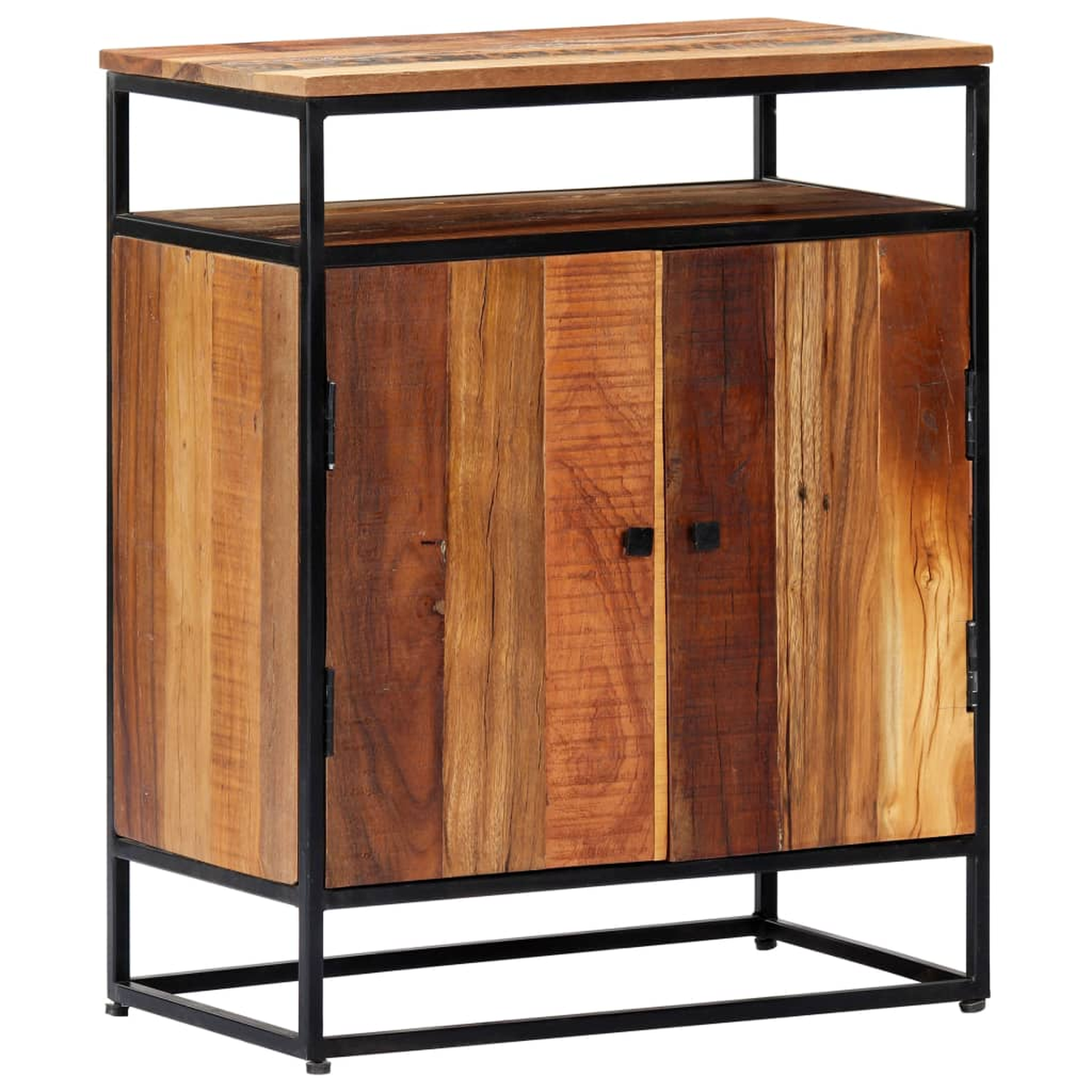 Holzschrank mit Metallrahmen. Er hat zwei Türen und ein Regal darüber.