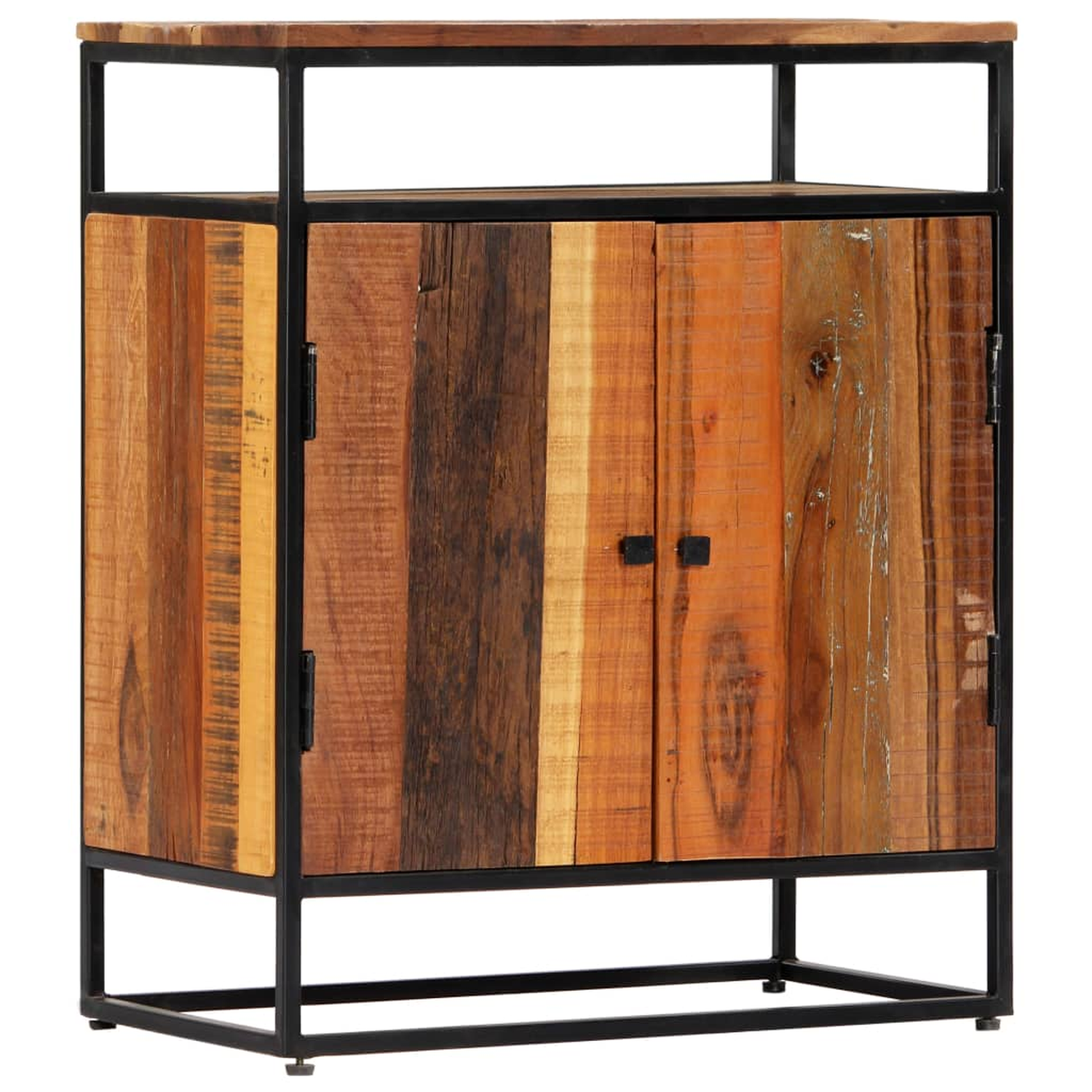 Holzschrank mit schwarzem Metallrahmen. Hat zwei Türen und ein oberes Regal. Das Holz hat verschiedene Farben.