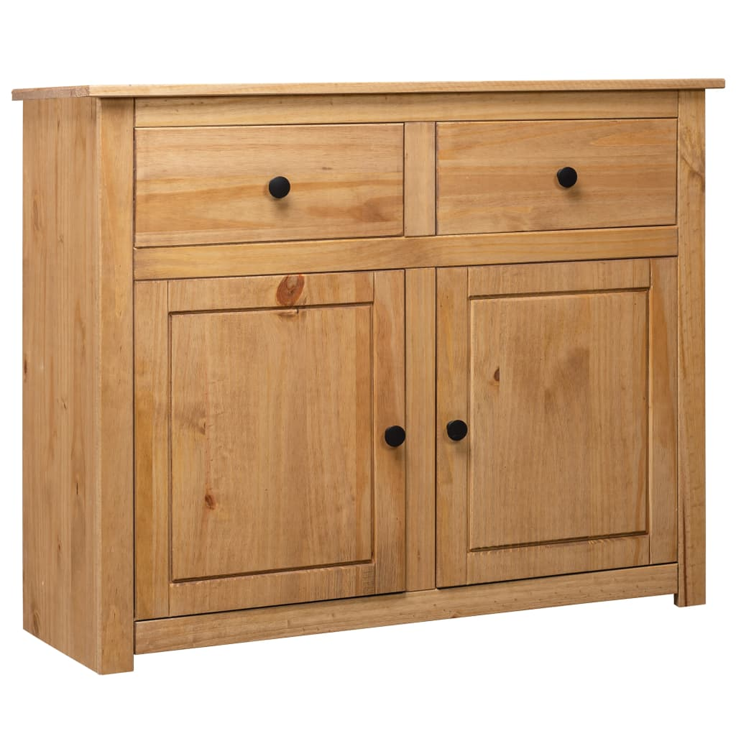 Holzschrank mit zwei Schubladen und zwei Türen. Der Schrank hat schwarze Knöpfe und steht auf weißem Hintergrund.