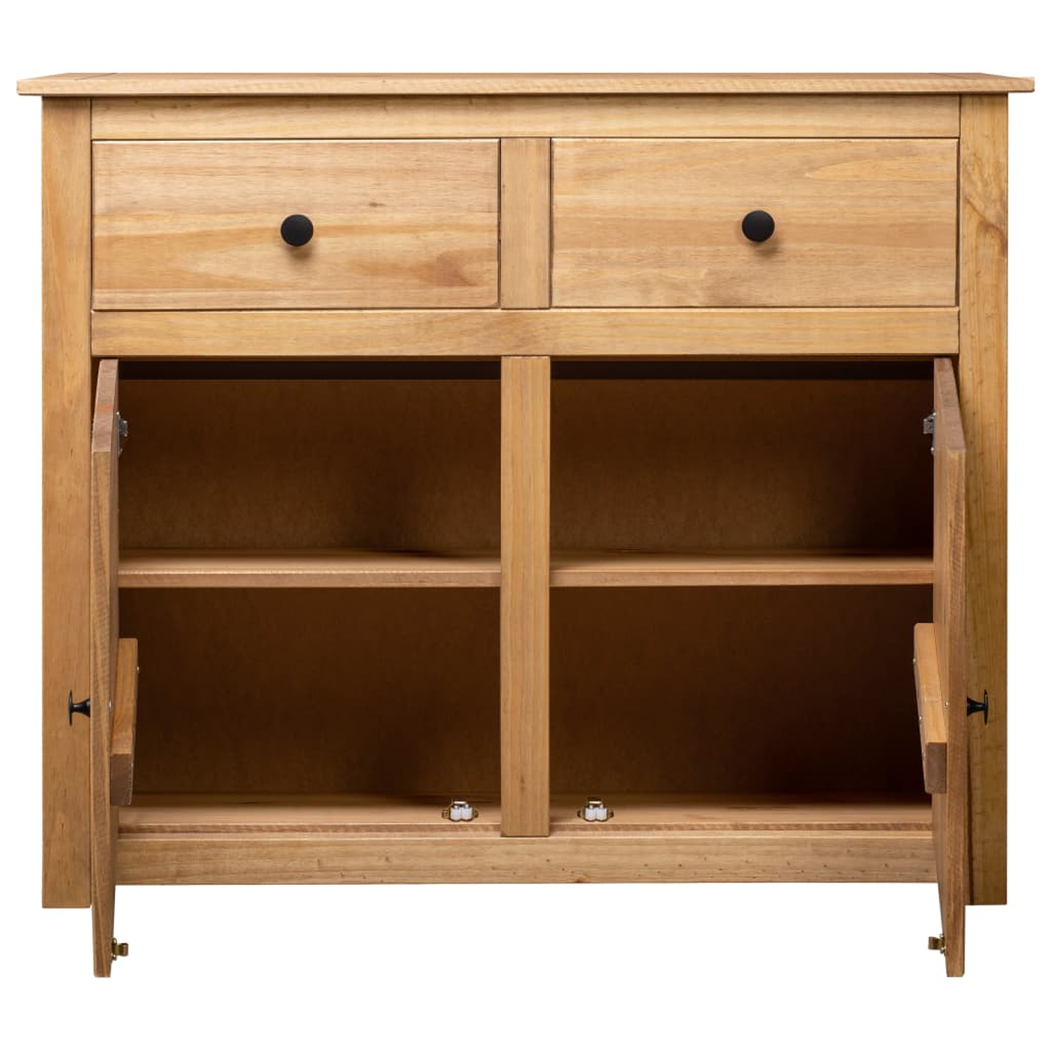 Holzschrank mit zwei Schubladen, offenen Türen und Regalen. Schwarze Knöpfe und Scharniere sichtbar.