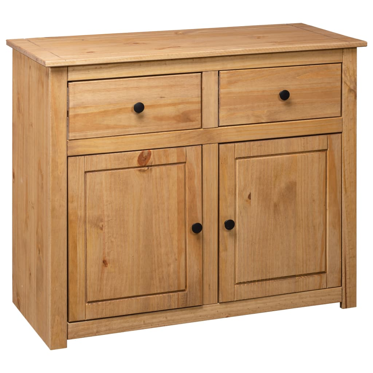 Holzschrank mit zwei Schubladen und Türen. Schwarze Knöpfe, helles Holz, schlichtes Design.