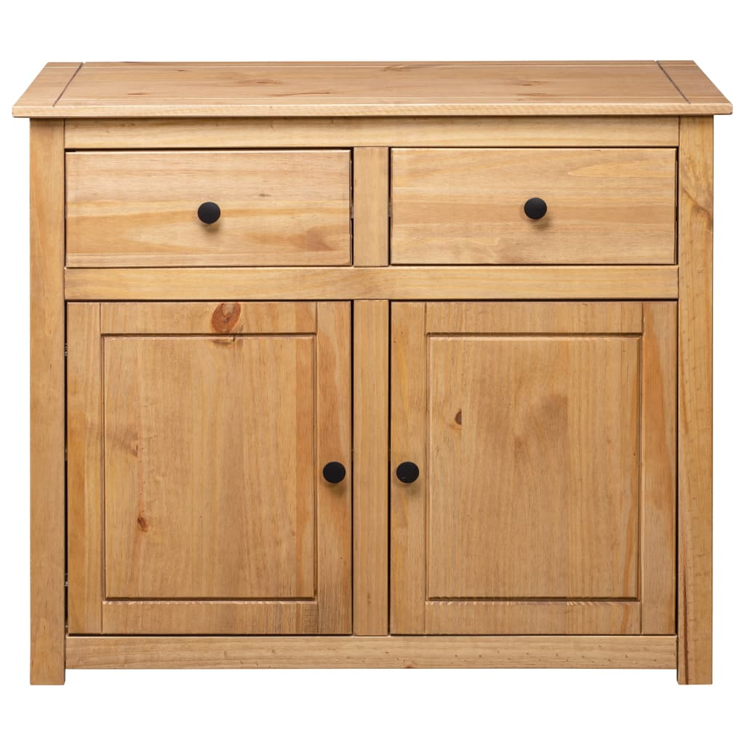 Holzschrank mit zwei Schubladen und zwei Türen. Schwarze Knöpfe. Hintergrund: Holzoberfläche.