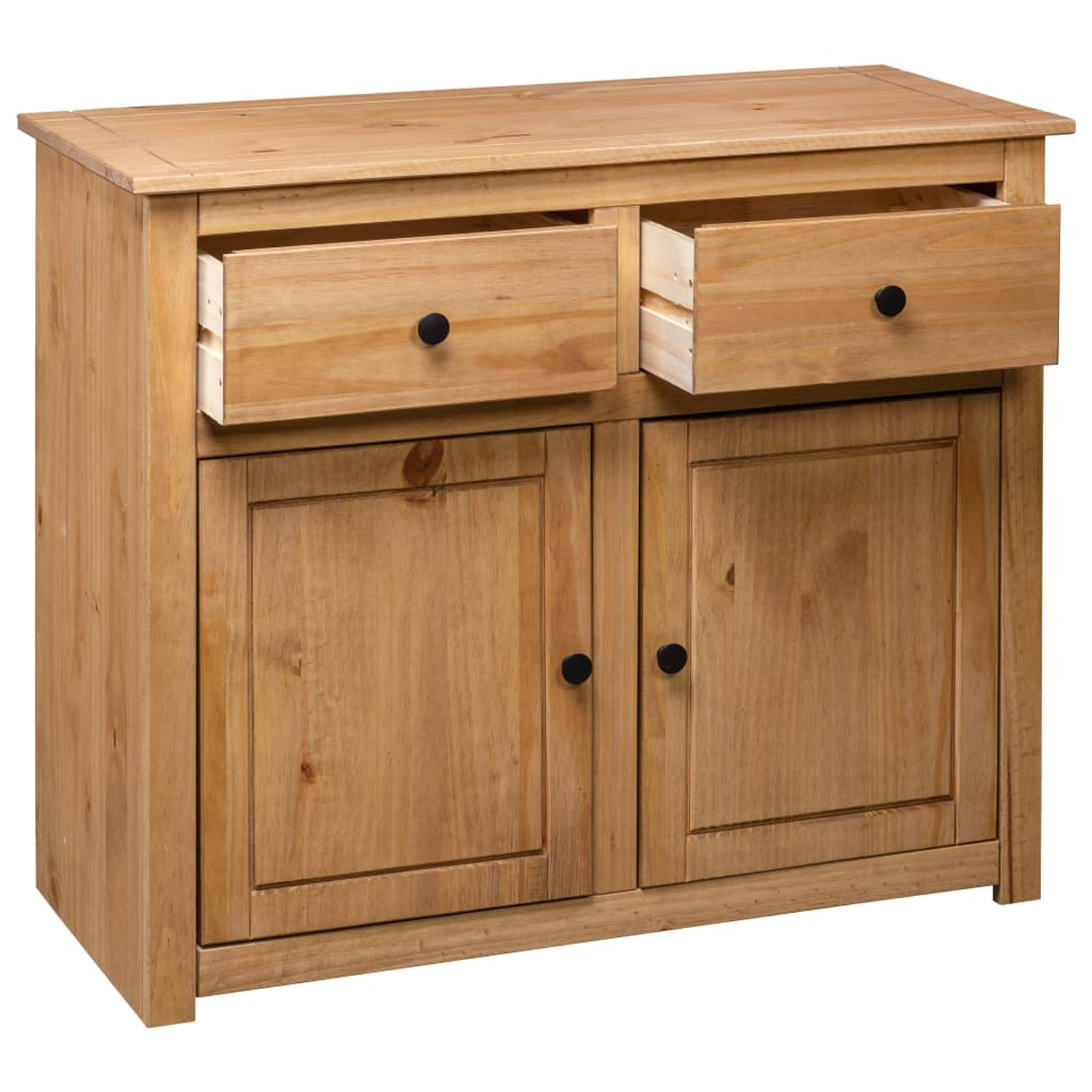 Holzschrank mit zwei offenen Schubladen und zwei geschlossenen Türen. Schwarze Knöpfe und Griffe.