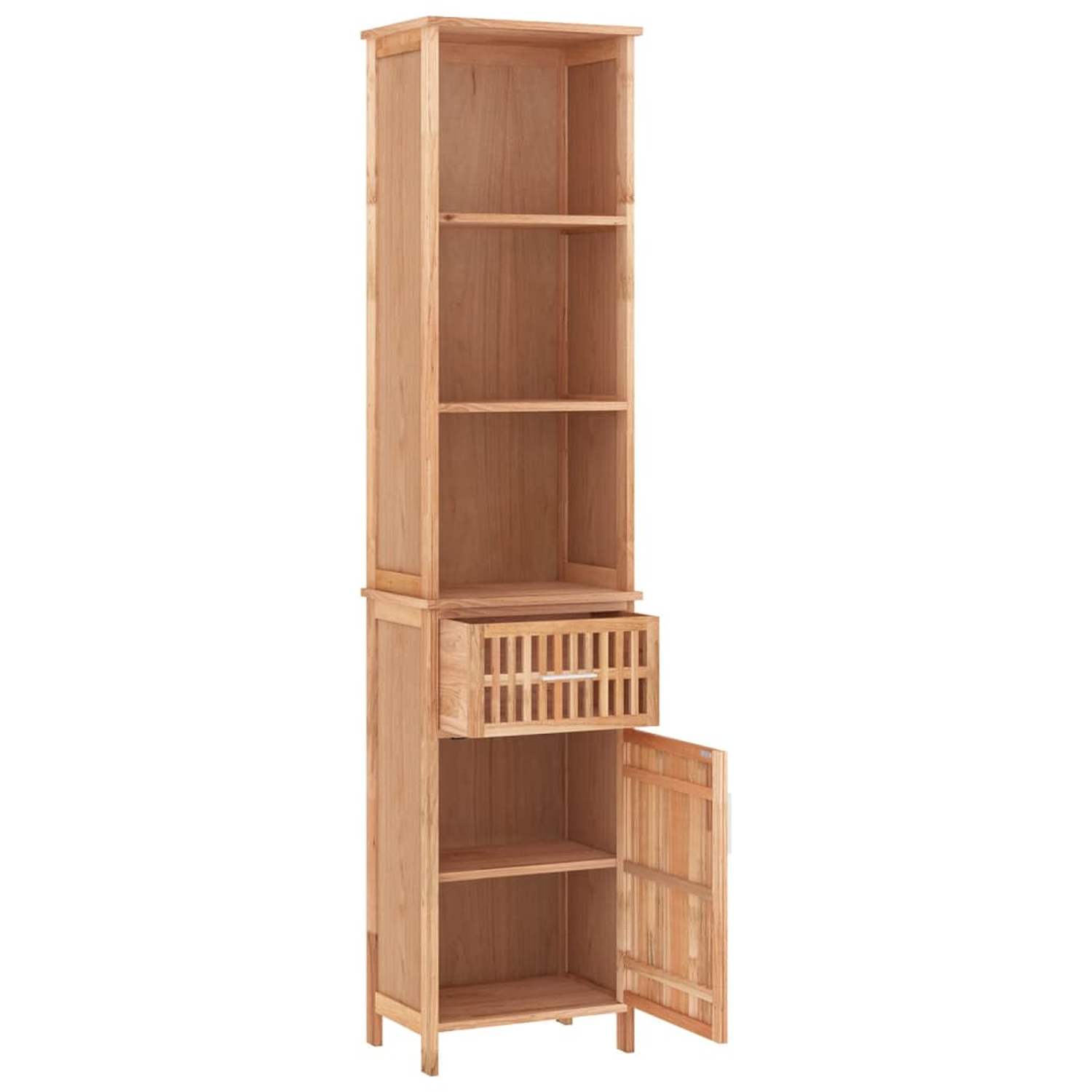 Ein hoher Holzschrank mit Regalen, einer Schublade und einer Tür. Die Tür ist offen.