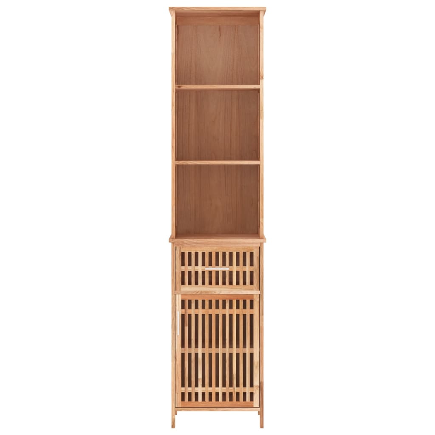 Hoher Holzschrank mit offenen Regalen und einem unteren Bereich mit Tür und Schublade.