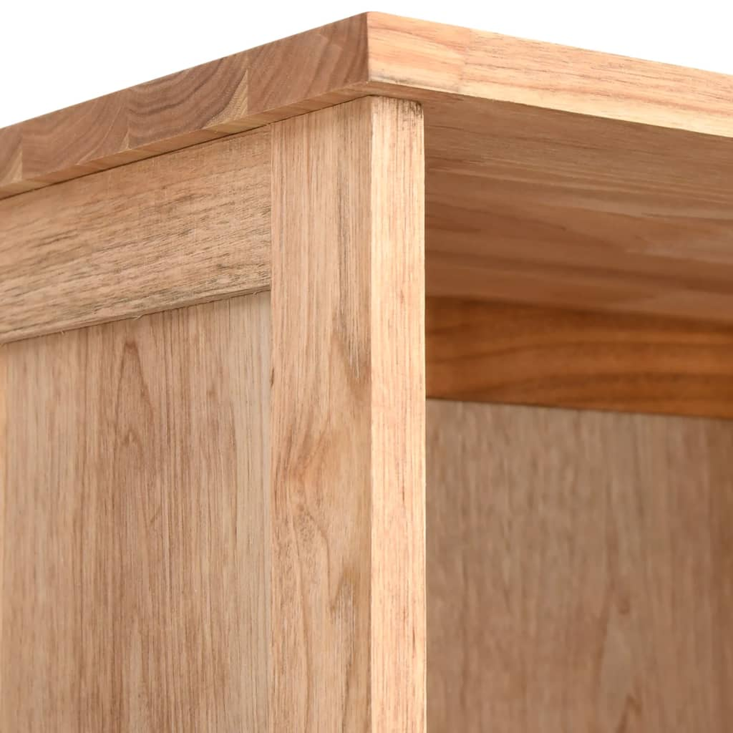 Nahaufnahme einer Holzkastenecke. Maserung sichtbar. Draufsicht und Seitenansicht.