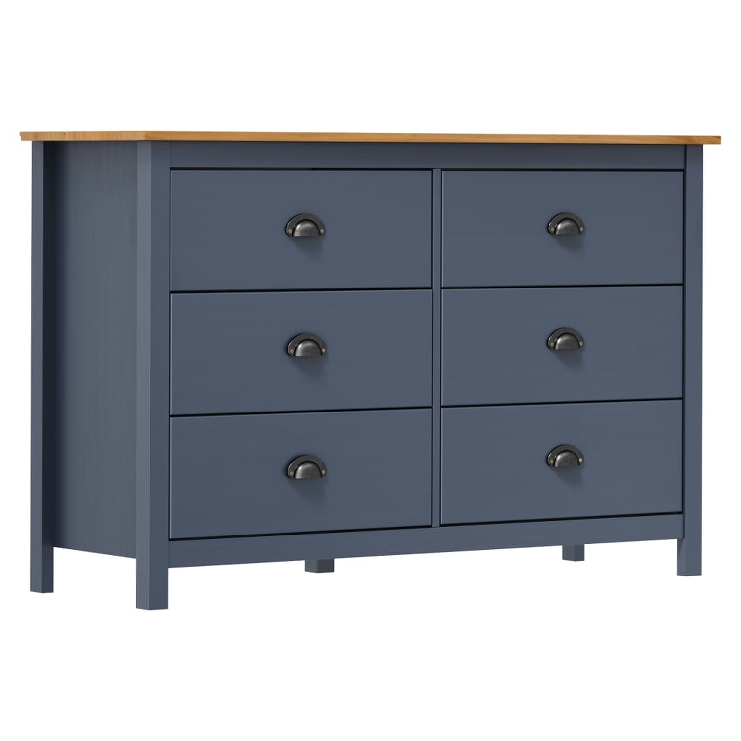 Blaue Kommode mit sechs Schubladen und dunklen Griffen, Holzplatte.