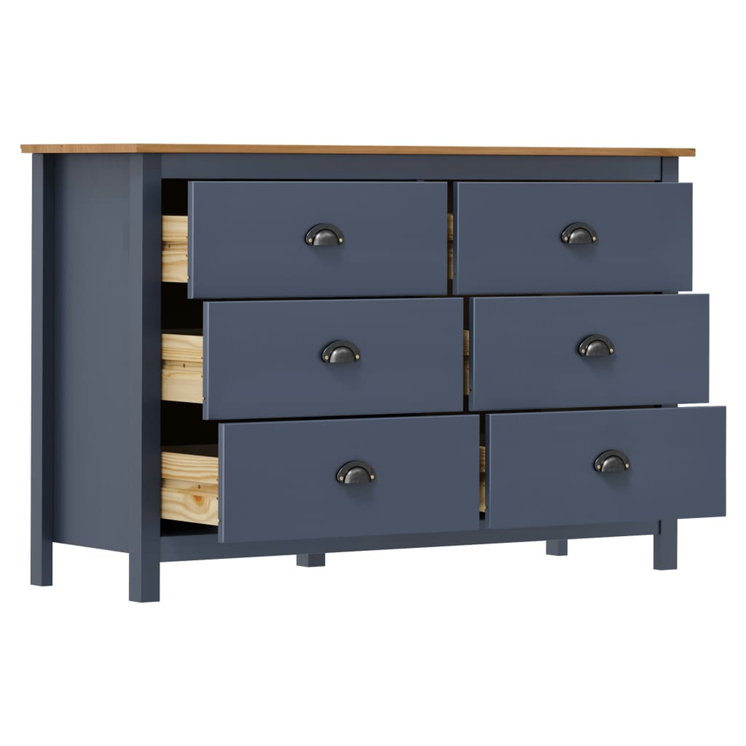 Blaue Kommode mit sechs Schubladen, offenen Schubladen und dunklen Griffen.