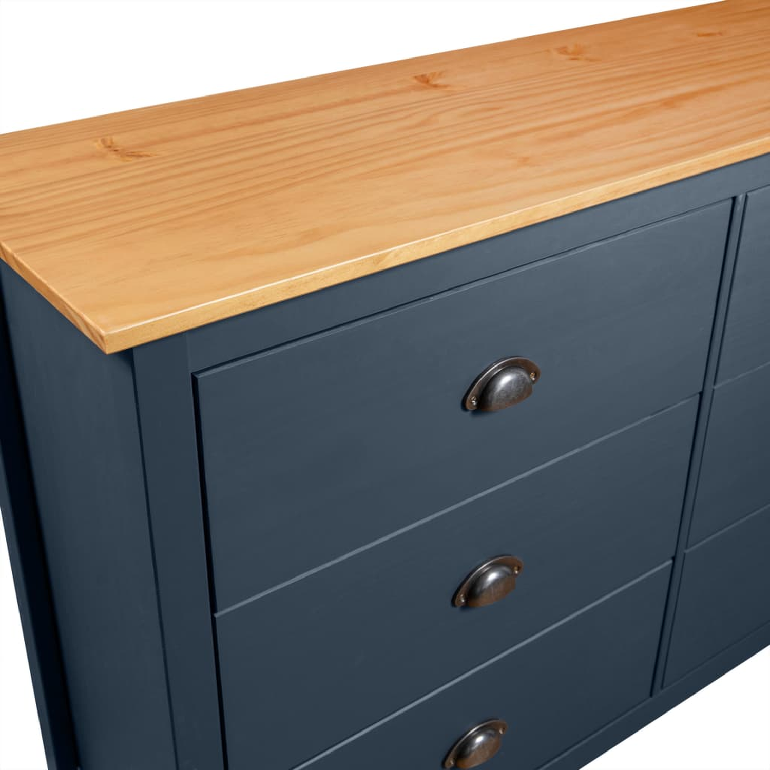 Dunkelblauer Schrank mit heller Holzplatte, sechs Schubladen und Metallgriffen. Weißer Hintergrund.