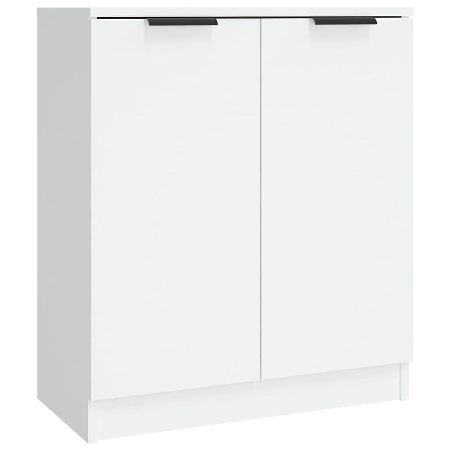 Weißer Schrank mit zwei Türen und schwarzen Griffen. Sauberes, schlichtes Design.