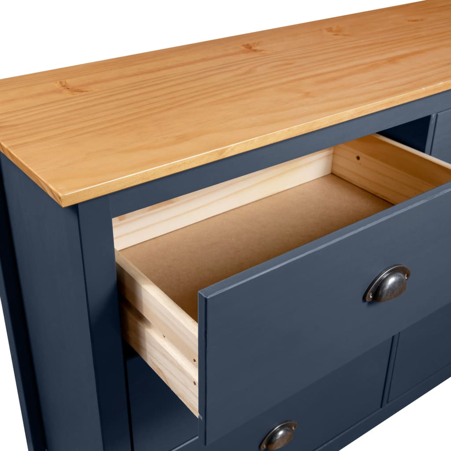 Blauer Schrank mit Holzplatte und offener Schublade. Die Schublade ist leer.