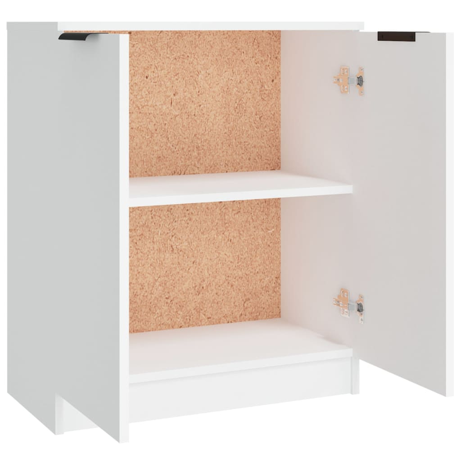 Ein weißer Schrank mit offenen Türen, der Regale und einen hellbraunen Innenraum zeigt.