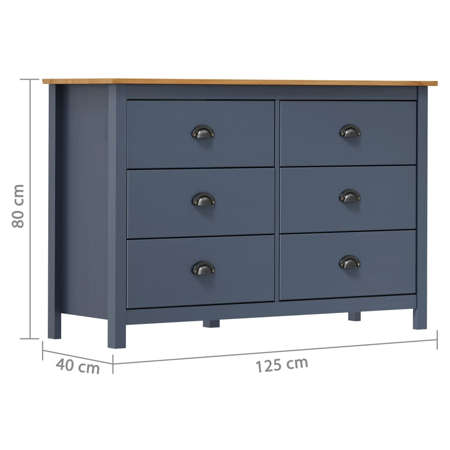 Blaue Kommode mit sechs Schubladen, schwarzen Griffen und Holzplatte, Maße angegeben.