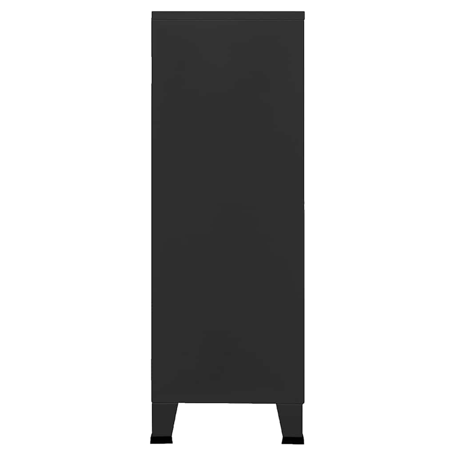 Ein schwarzer Schrank, von der Seite gesehen, mit rechteckiger Form. Schwarzer Hintergrund.