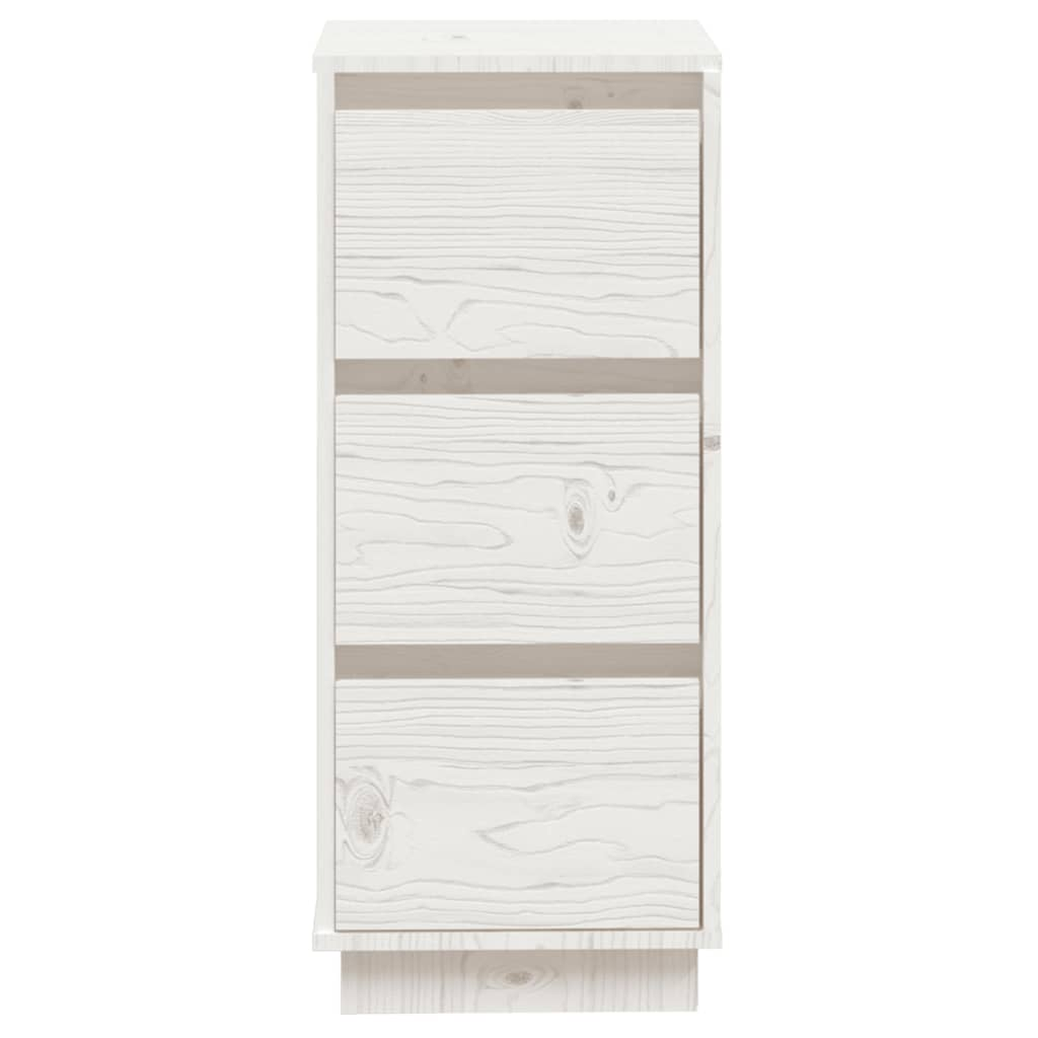 Ein weißer Holzschrank mit drei Schubladen, jede mit einem Griff.