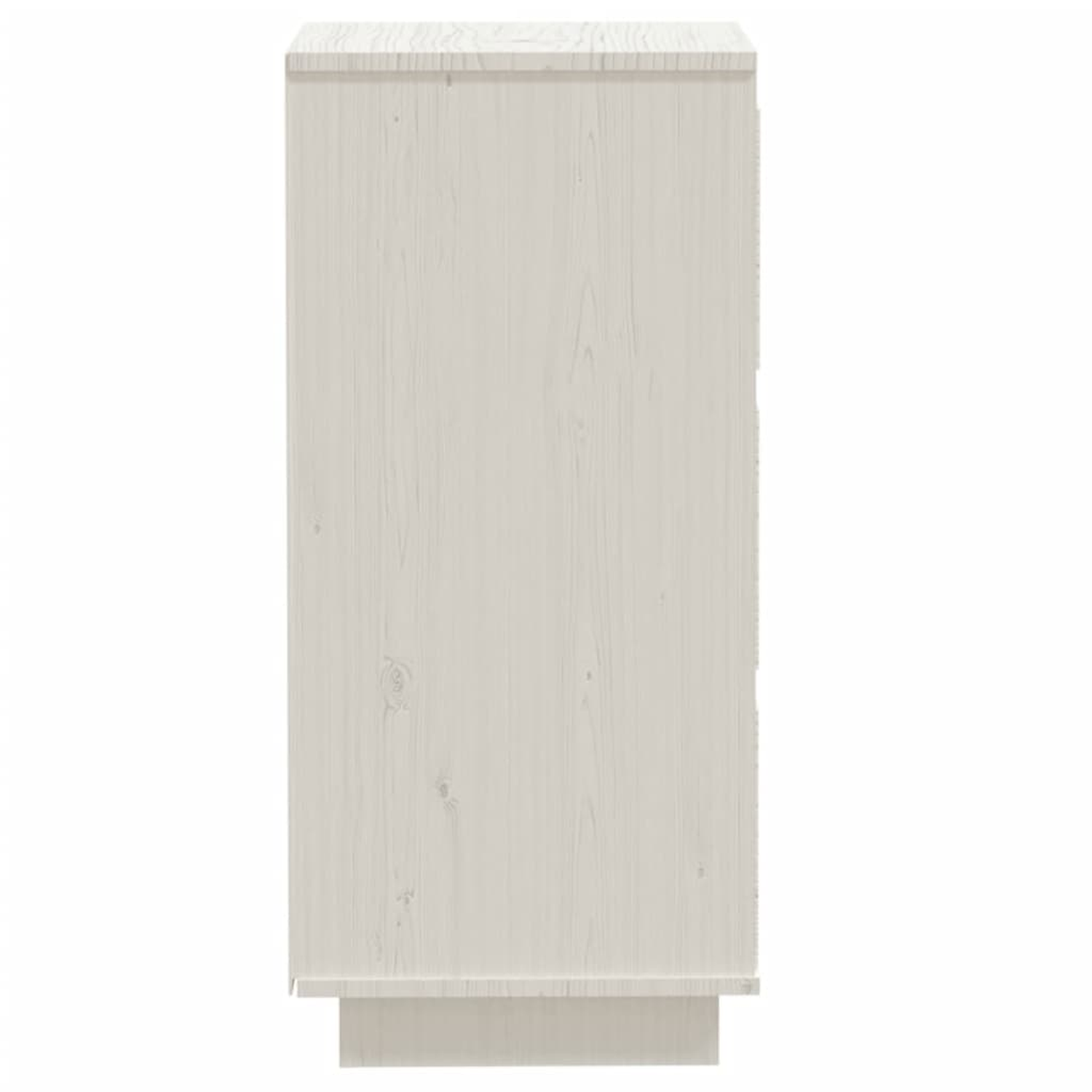 Ein weißer Schrank. Er wird von der Seite betrachtet. Er hat ein schlichtes Design und ist schlicht.
