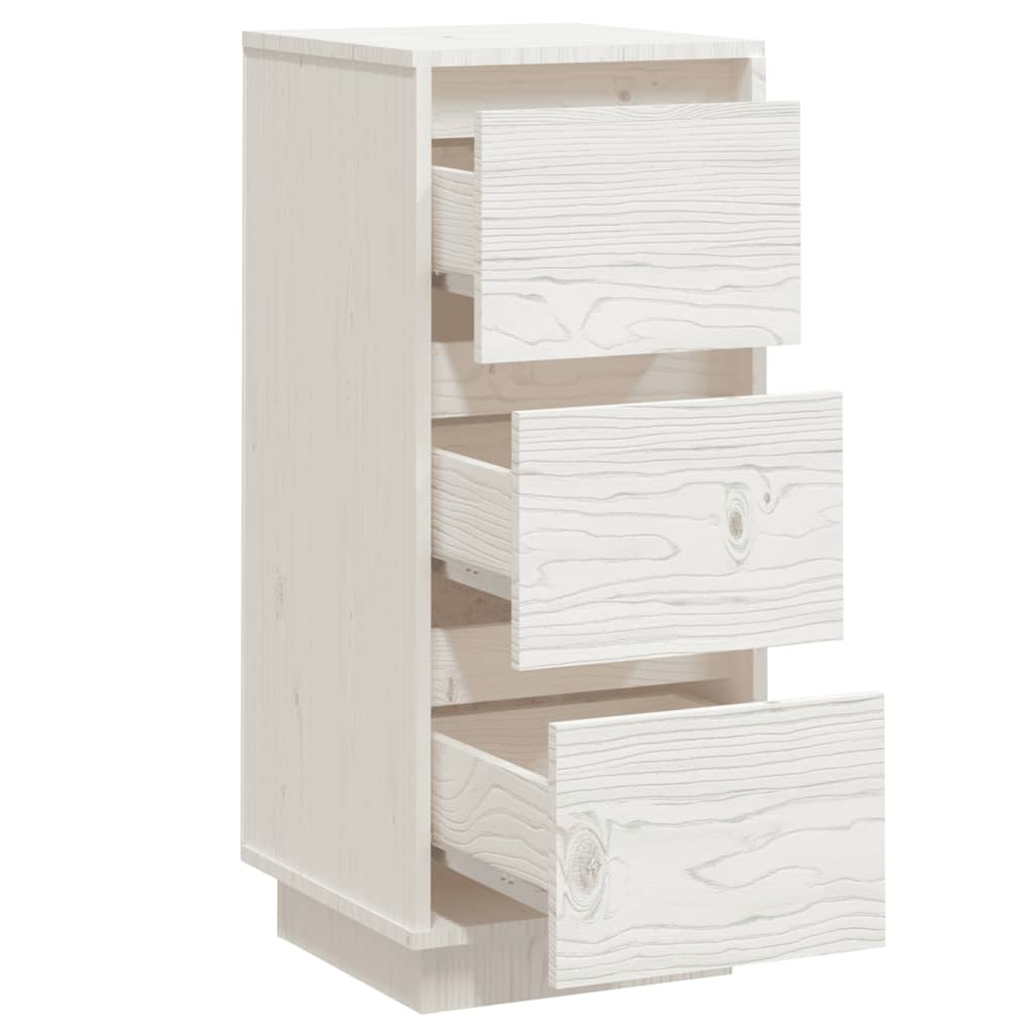 Weißer Holzschrank mit drei offenen Schubladen. Weißer Hintergrund.
