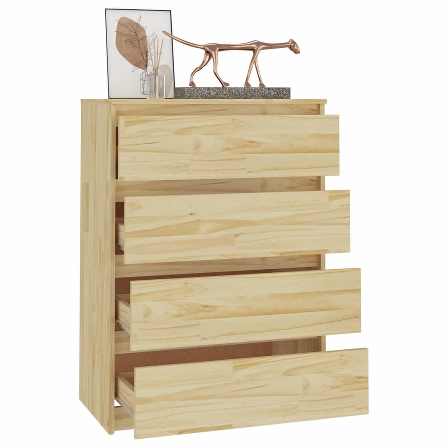 Kommode aus Holz mit offenen Schubladen und einem Dekor oben drauf.