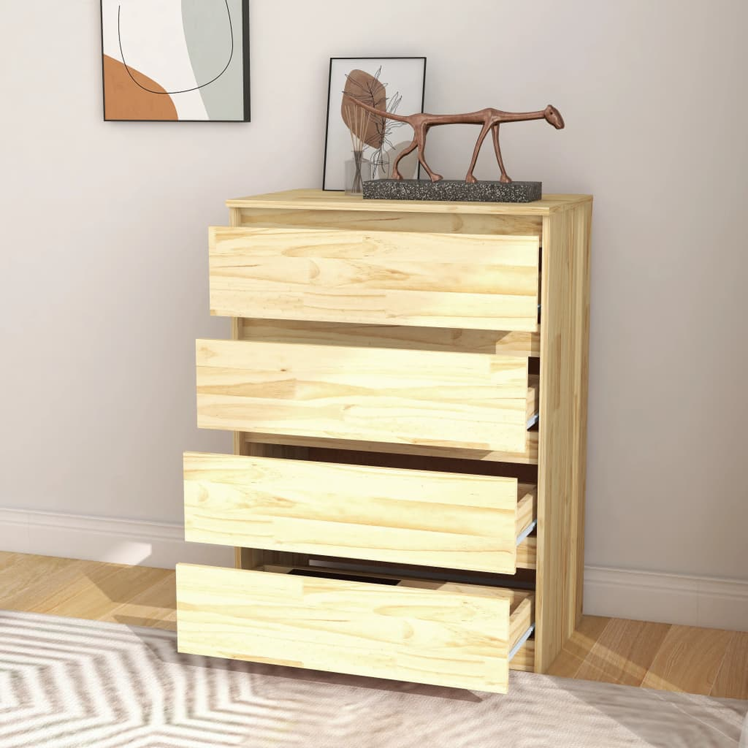 Hoher Holzschrank mit fünf teilweise geöffneten Schubladen, mit einer Statue oben, weißer Hintergrund.
