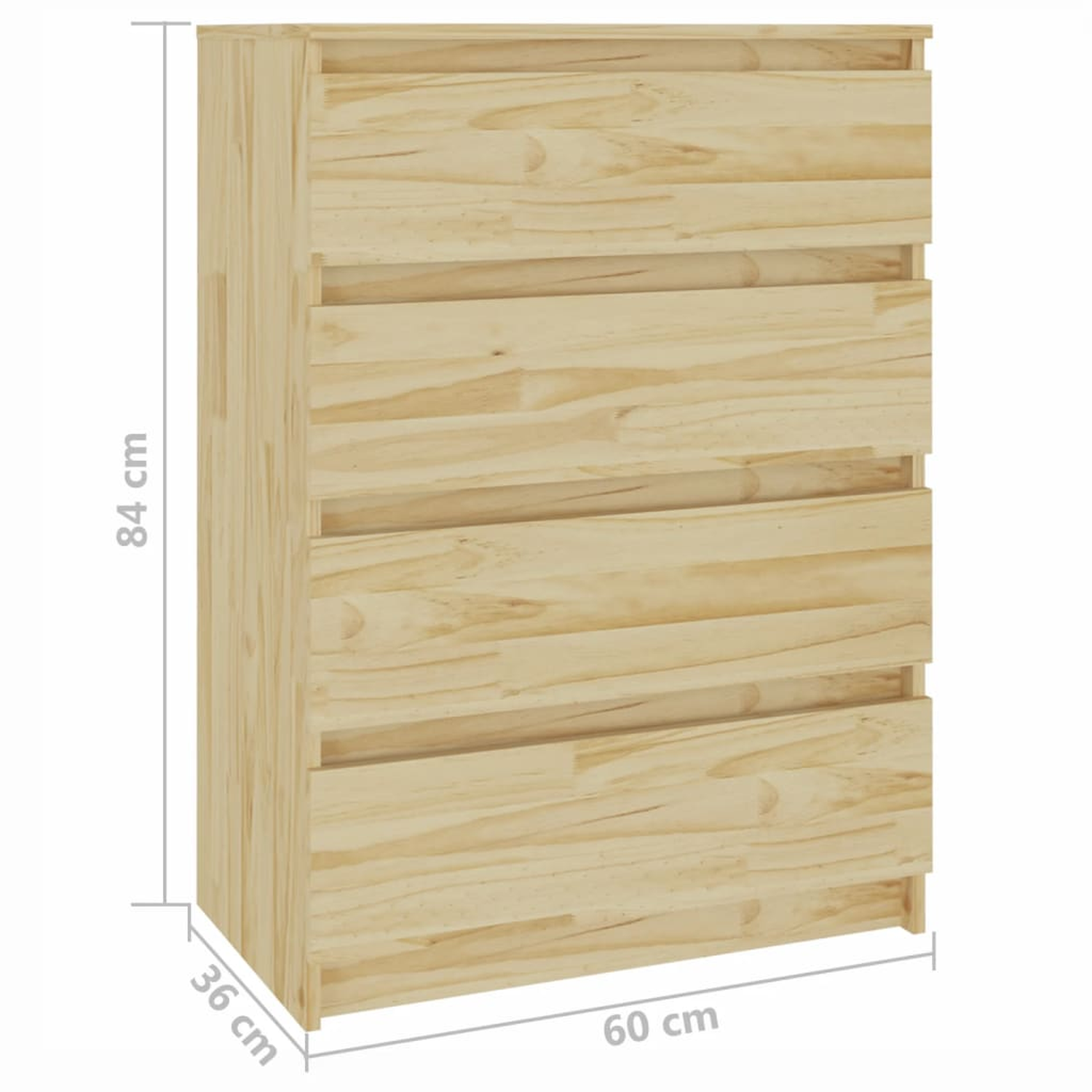 Hoher Holzschrank mit fünf Schubladen. Maße: 84cm x 36cm x 60cm. Hintergrund: weiß.