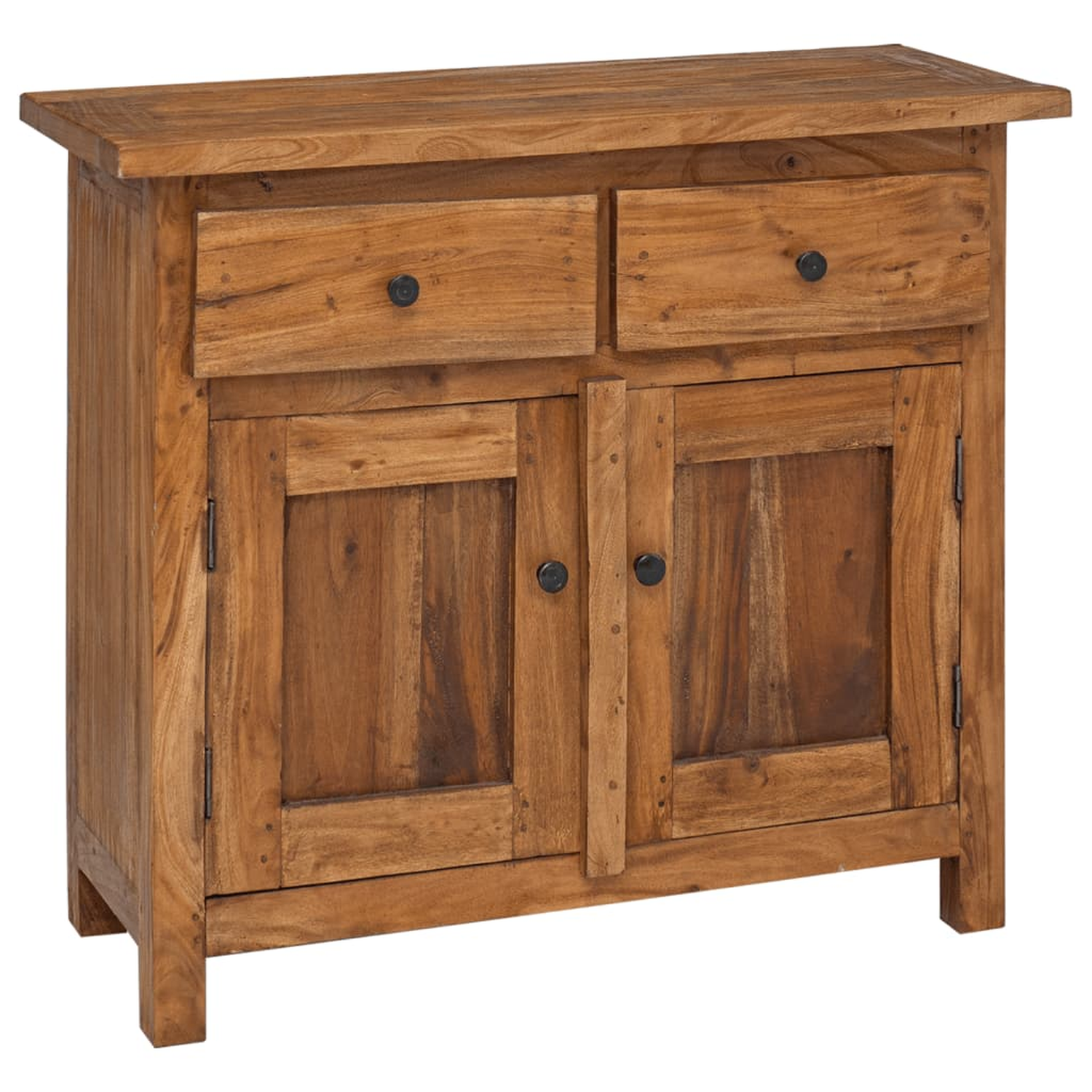 Ein Holzschrank mit zwei Türen und zwei Schubladen, mit rustikalem Design.