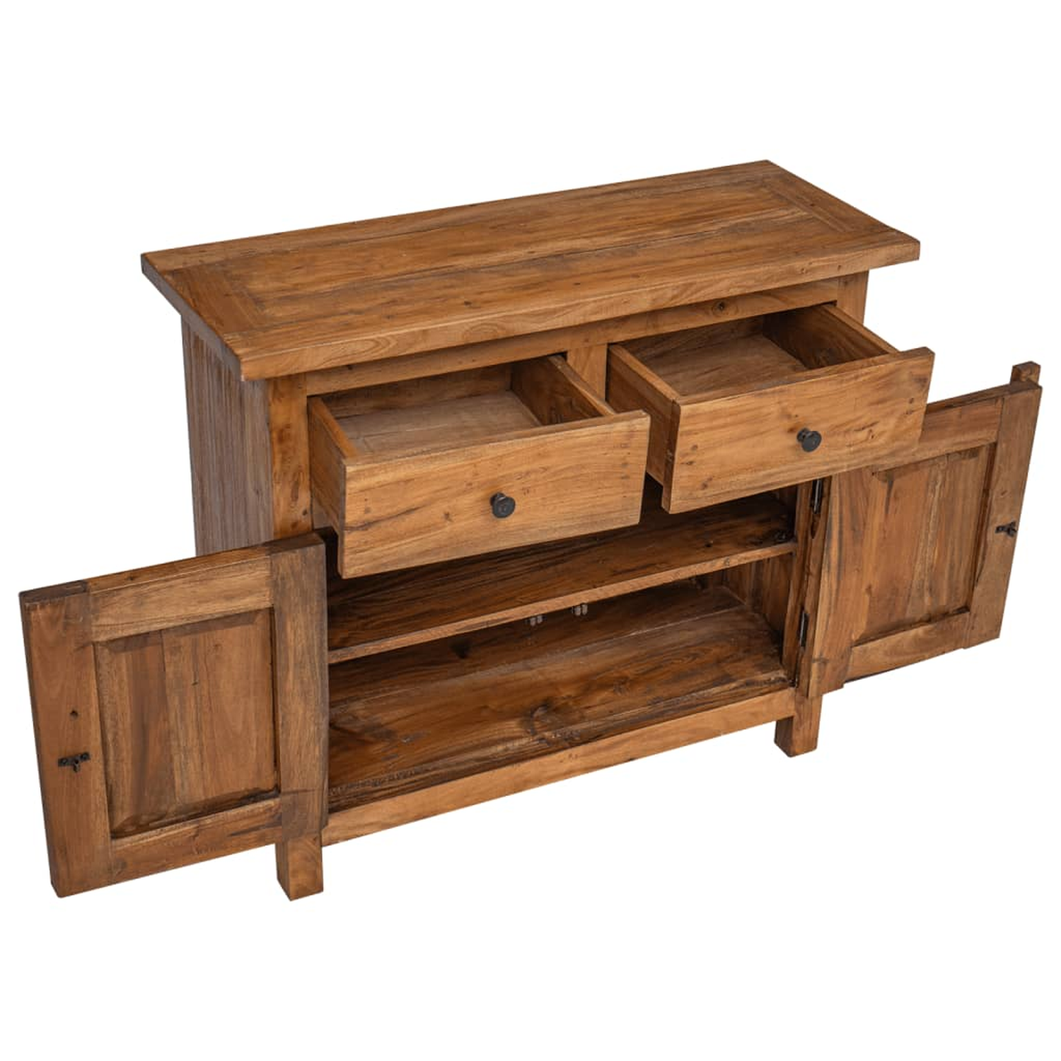 Holzschrank mit zwei offenen Schubladen und zwei Türen, alles leer. Weißer Hintergrund.
