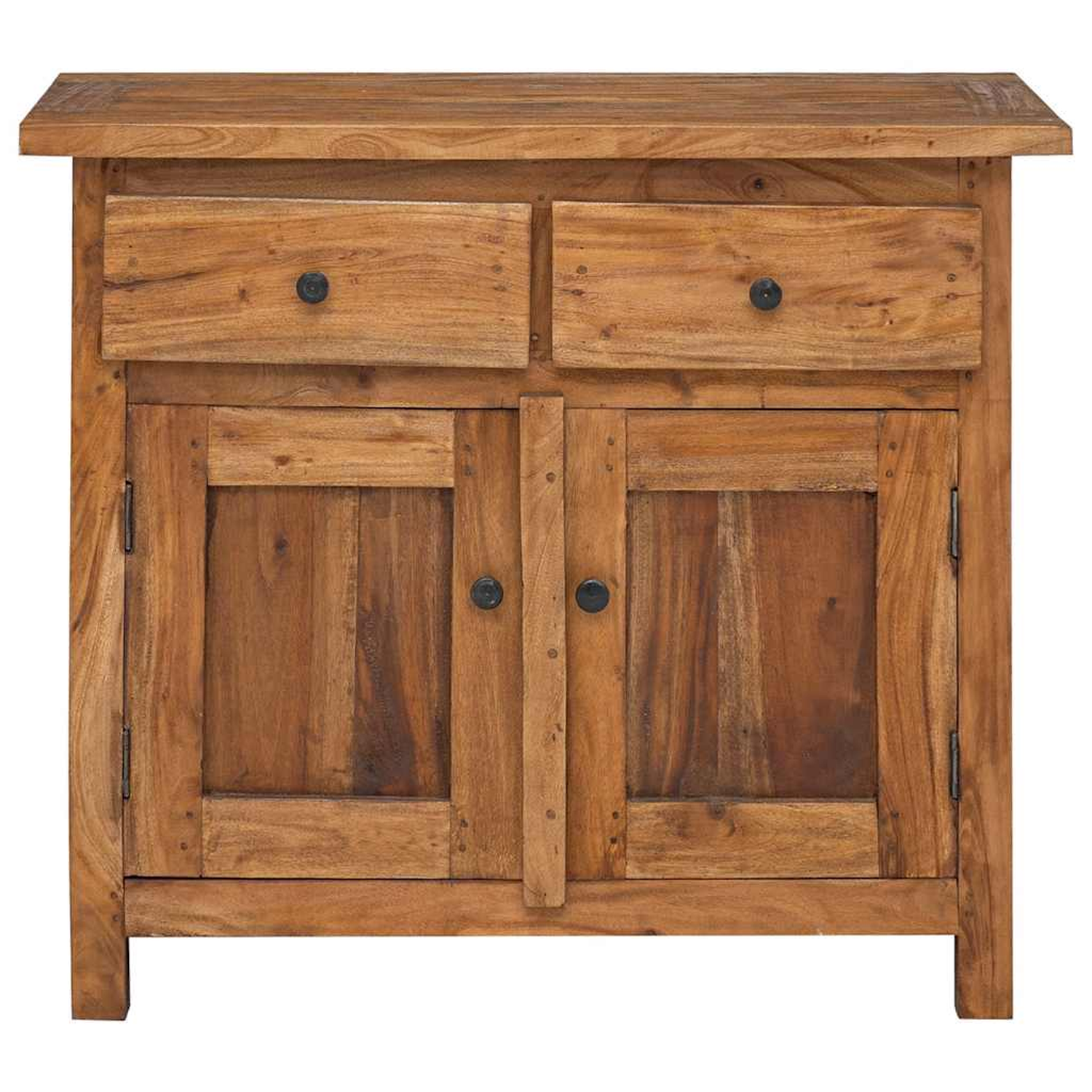 Holzschrank mit zwei Schubladen und zwei Türen, mit natürlicher Holzoberfläche.