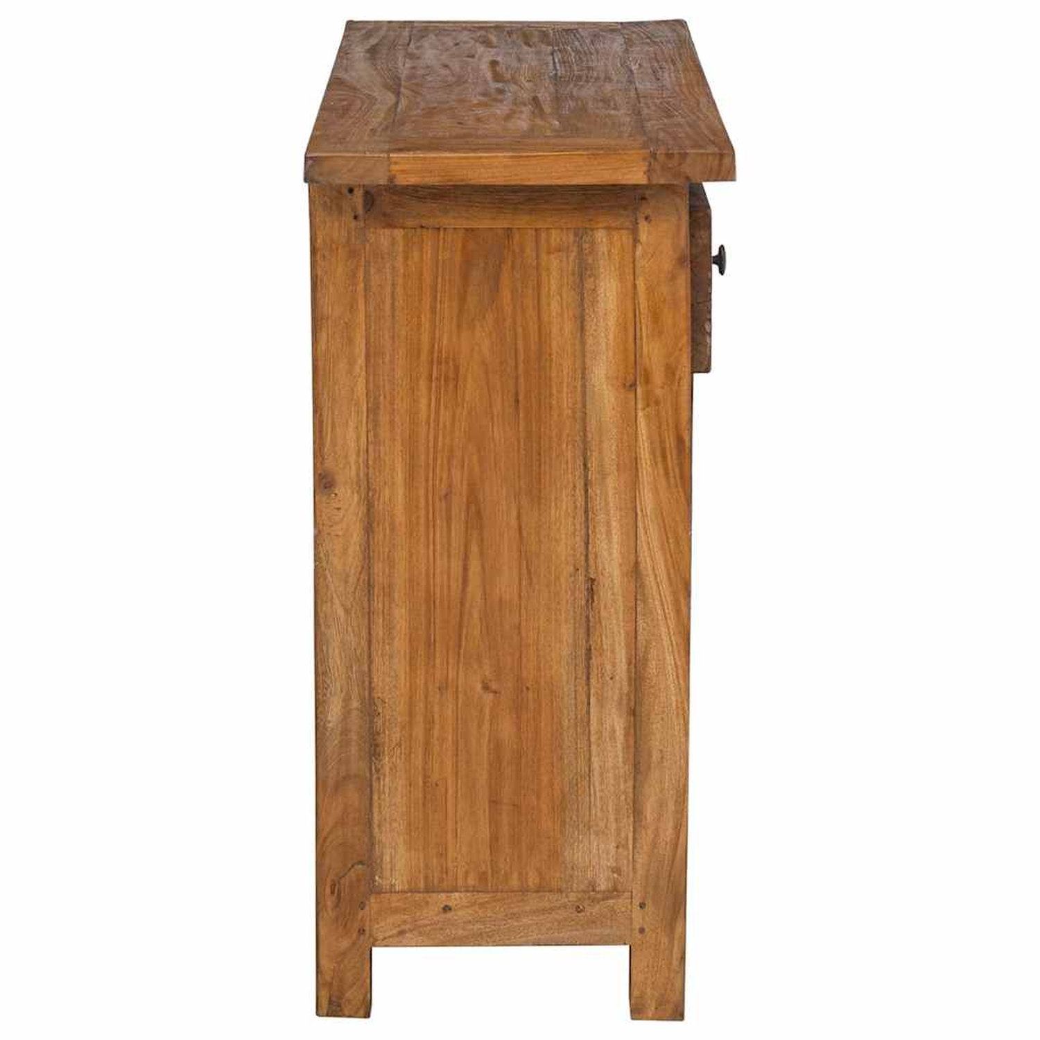 Seitenansicht eines Holzschranks mit einer Schublade. Er ist hellbraun und hat ein schlichtes Design.
