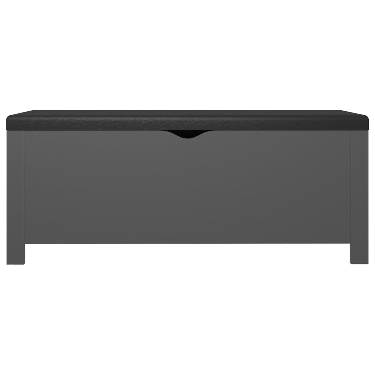 Graue Aufbewahrungsbank mit schwarzem, gepolstertem Oberteil. Die Bank hat ein einfaches, rechteckiges Design.