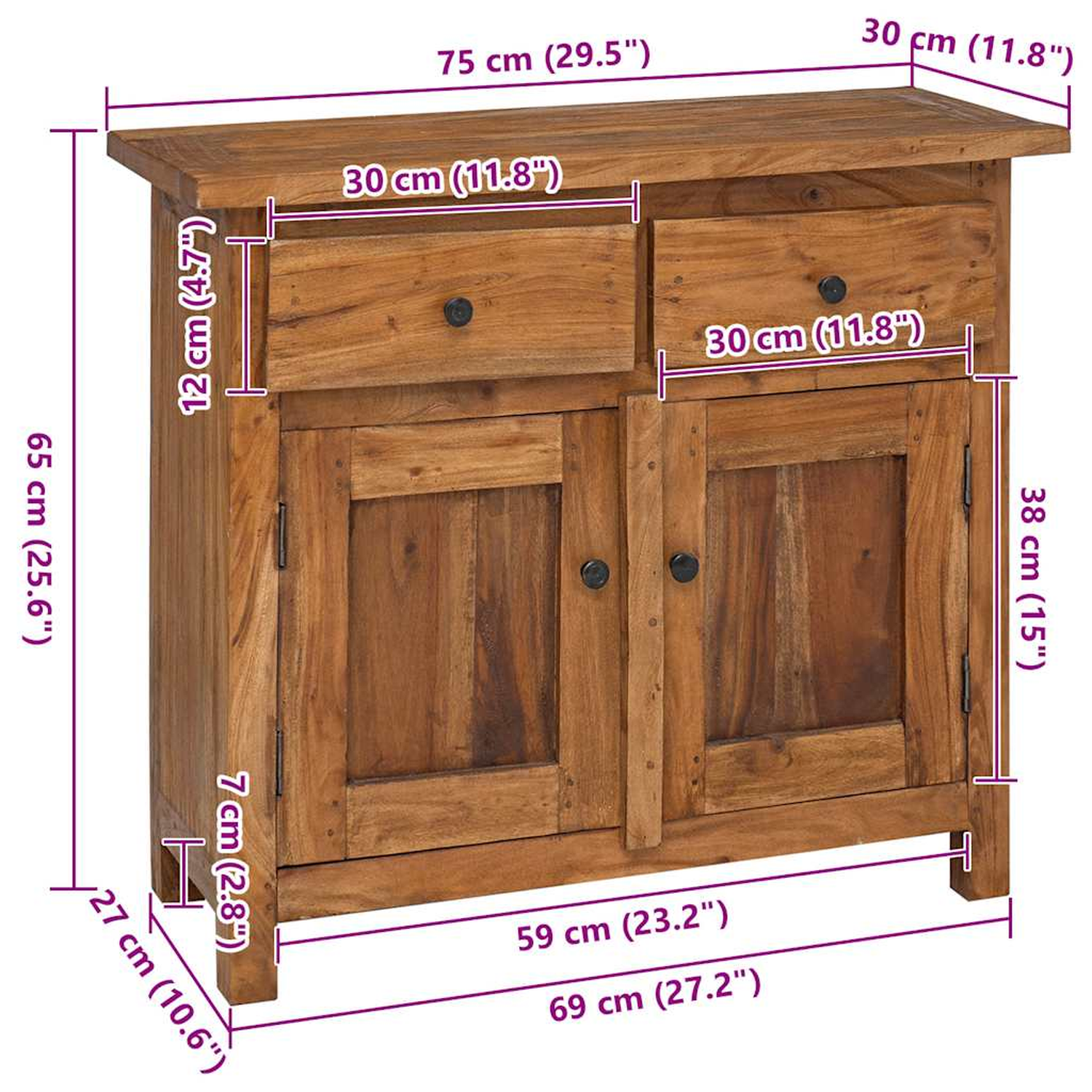Holzschrank mit zwei Türen und zwei Schubladen. Abmessungen in cm angegeben.