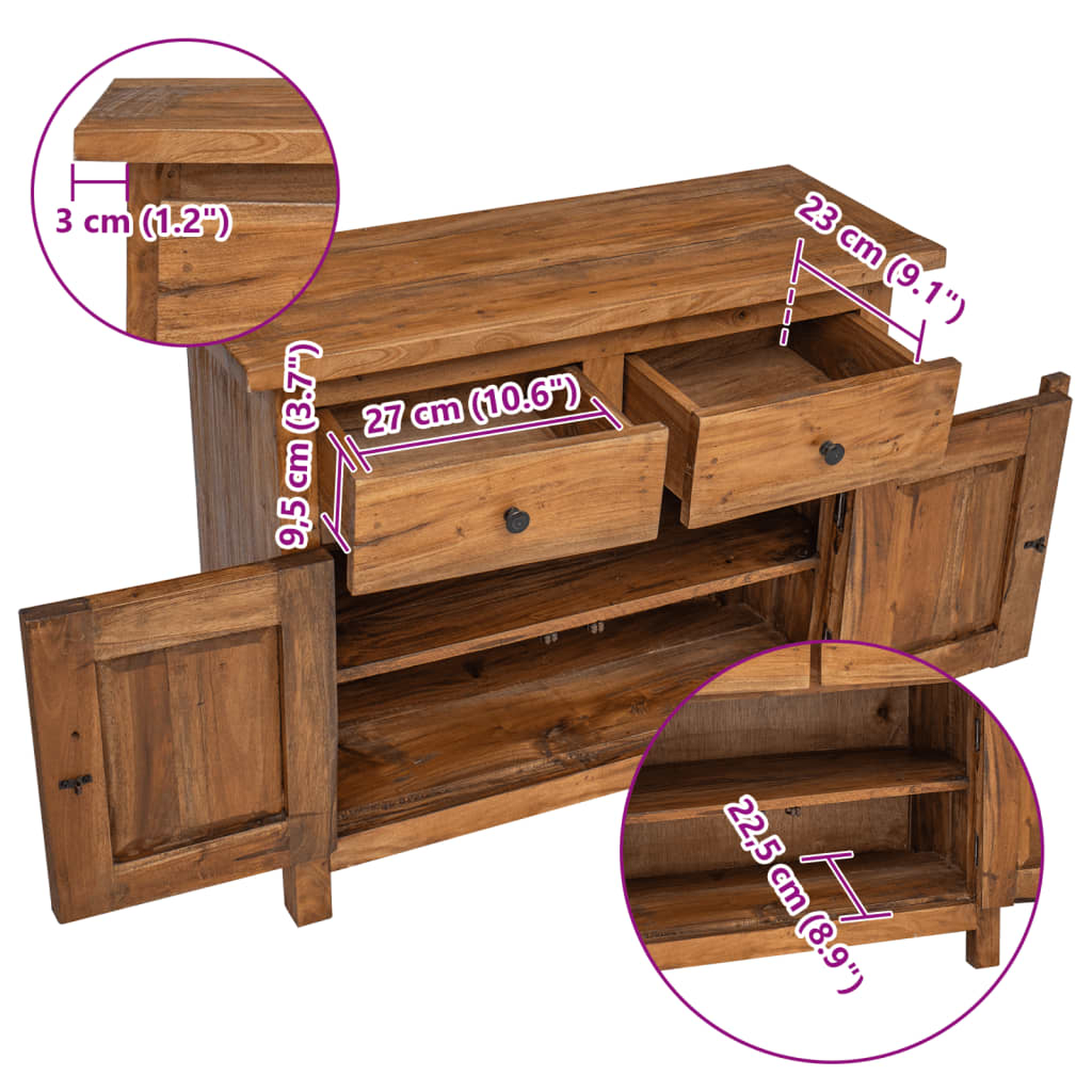 TV-Ständer aus Holz mit Schubladen und offenen Regalen, Maße sind angegeben. Weißer Hintergrund.