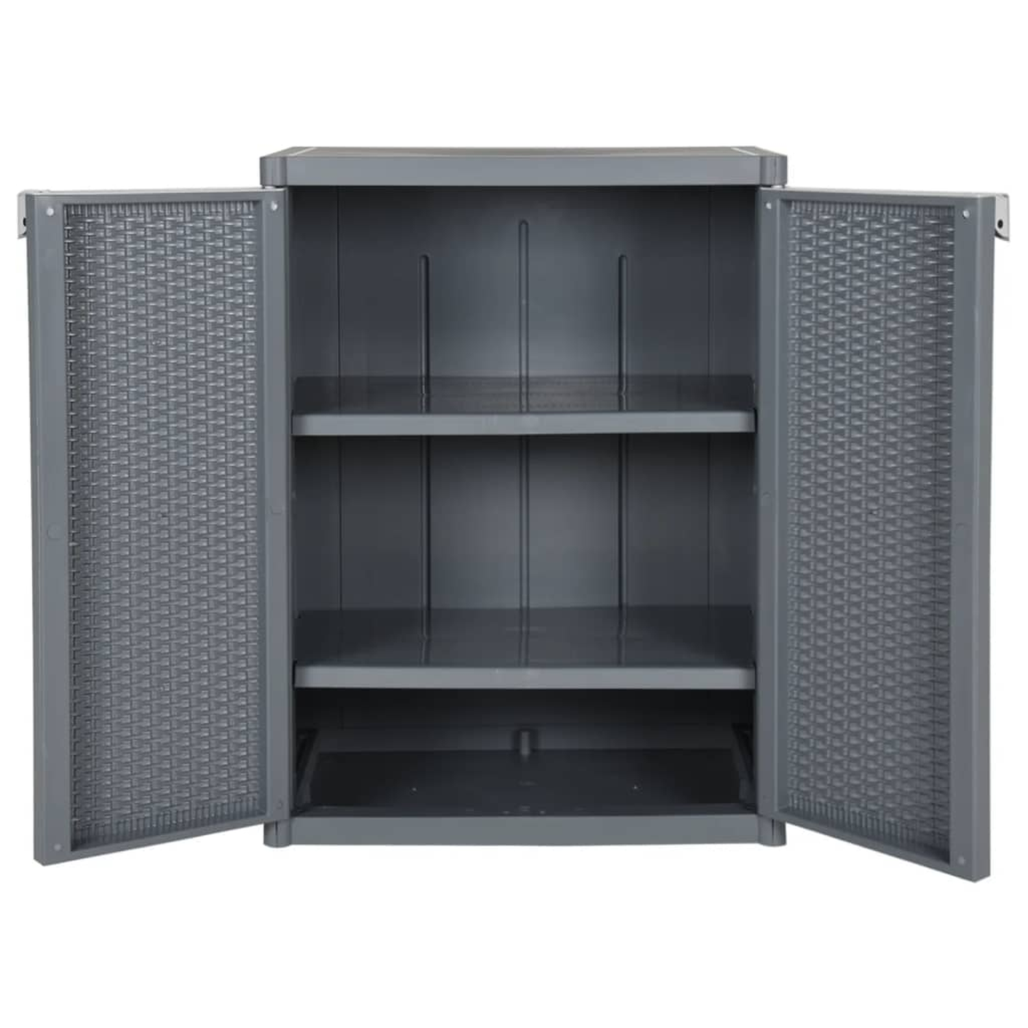 Grauer Kunststoffschrank mit geöffneten Türen, Regale sichtbar. Strukturierte Türverkleidungen.