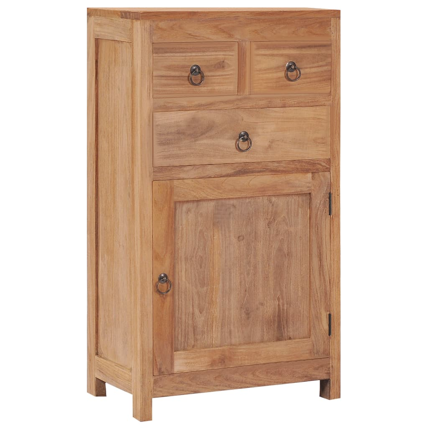 Ein Holzschrank mit zwei Schubladen und einer Tür mit Metallgriff.