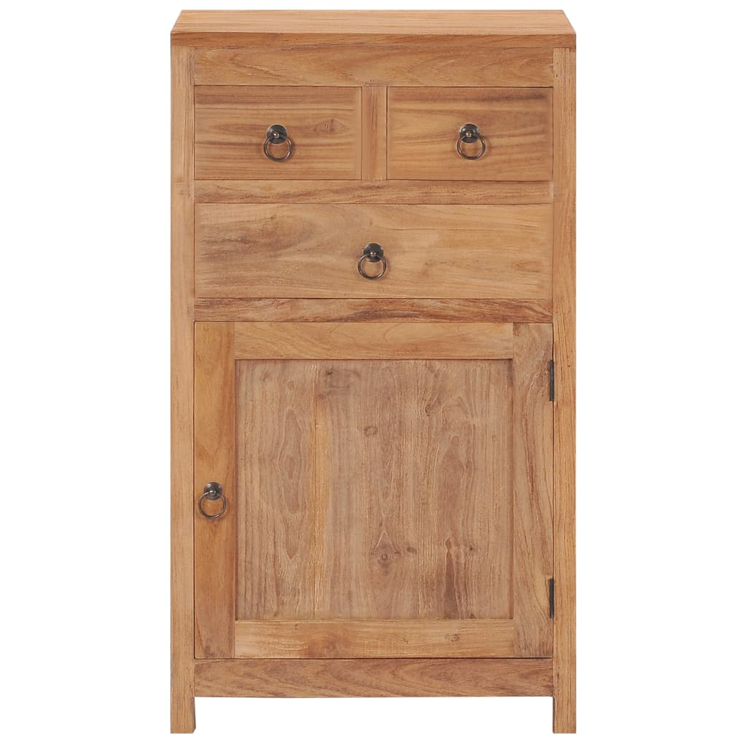 Ein Holzschrank mit zwei Schubladen und einer Tür. Er hat Ringgriffe und ist aus Holz gefertigt.