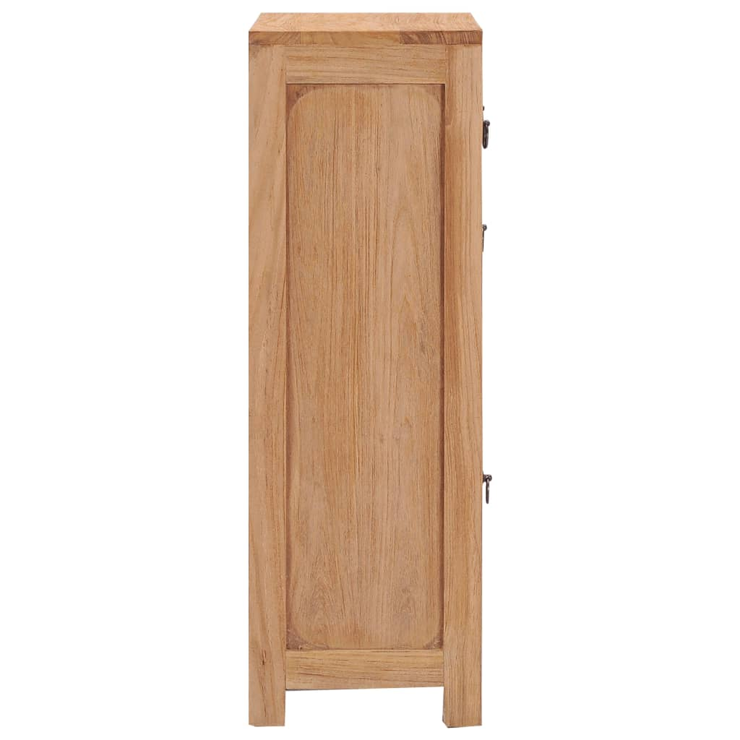 Seitenansicht eines hellbraunen Holzschranks mit einer gerahmten Platte an der Tür und Beinen.