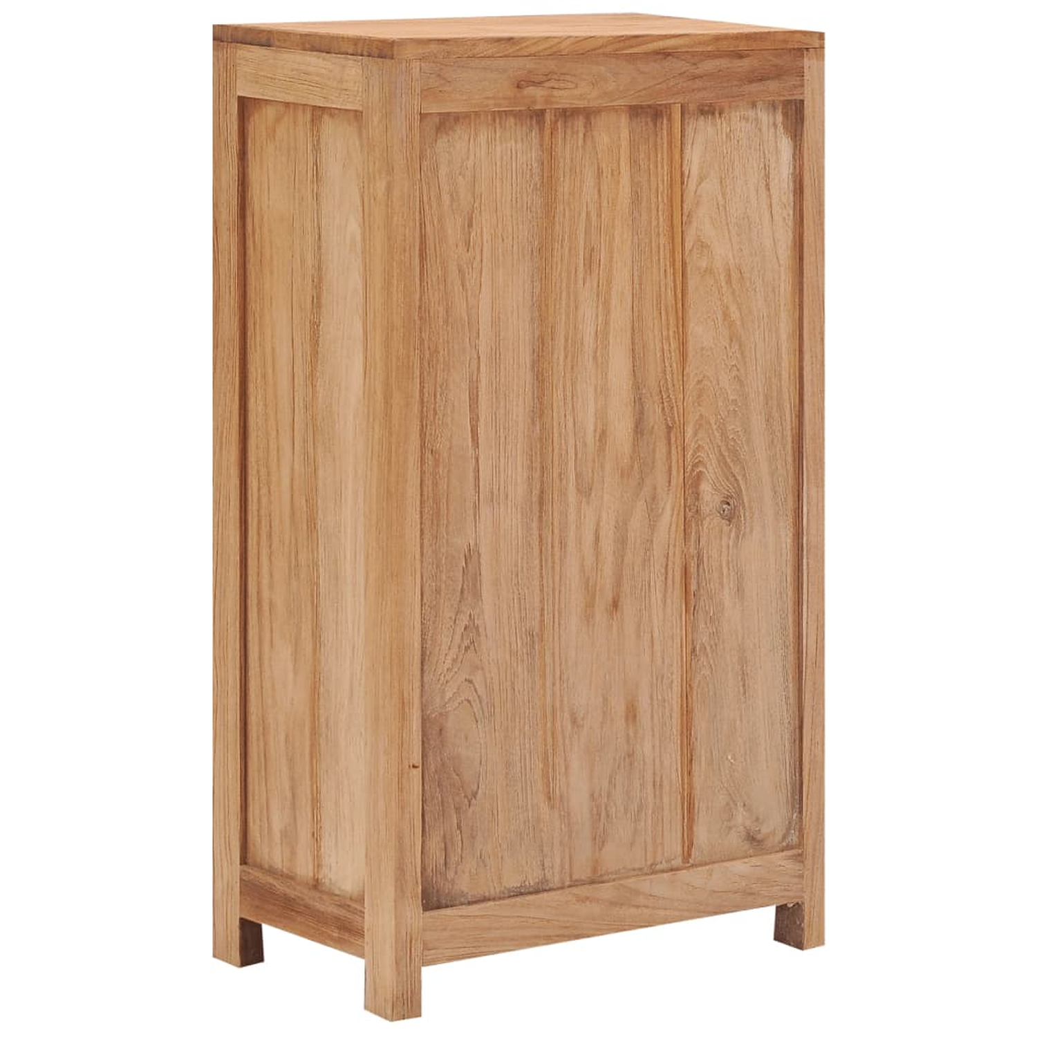 Hoher Holzschrank mit vertikaler Maserung. Schlichtes Design, hellbraune Farbe, natürliche Optik.
