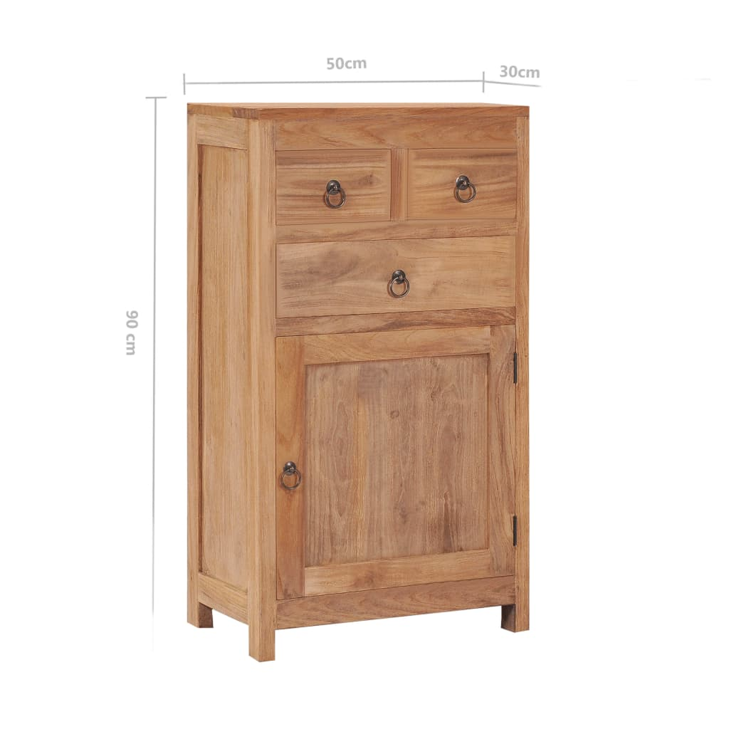 Holzschrank mit Schubladen und einer Tür. Abmessungen sind angegeben. Der Schrank hat eine natürliche Holzoberfläche.